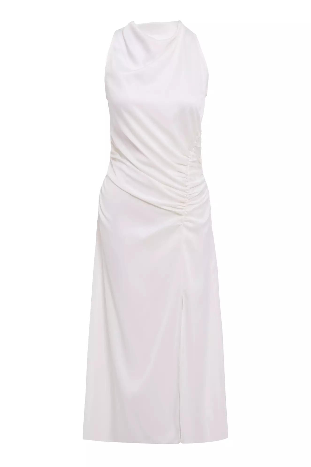 White satin sleeveless midi dress