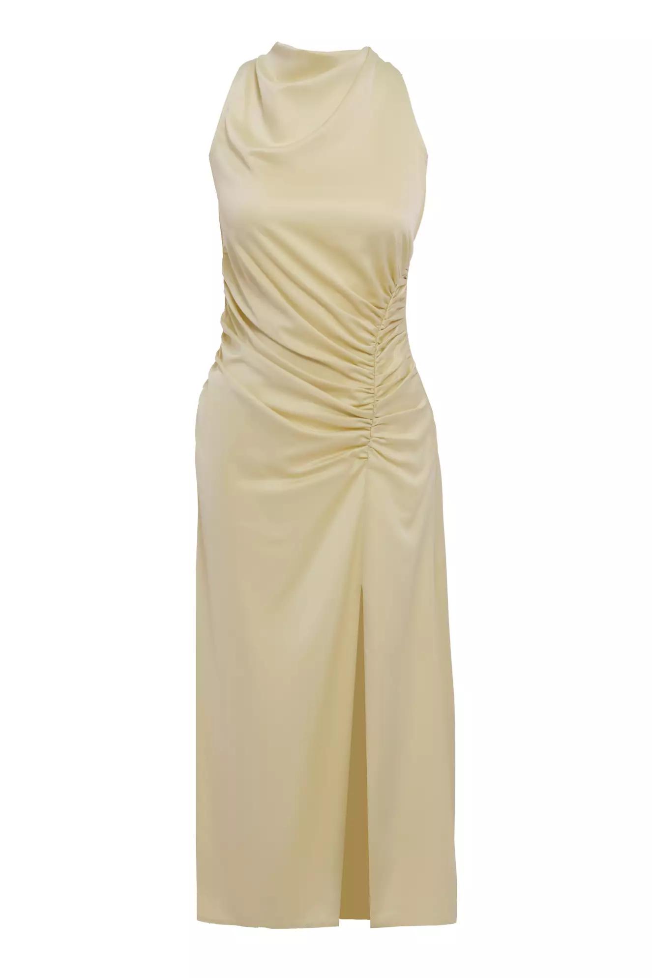 Yellow satin sleeveless midi dress