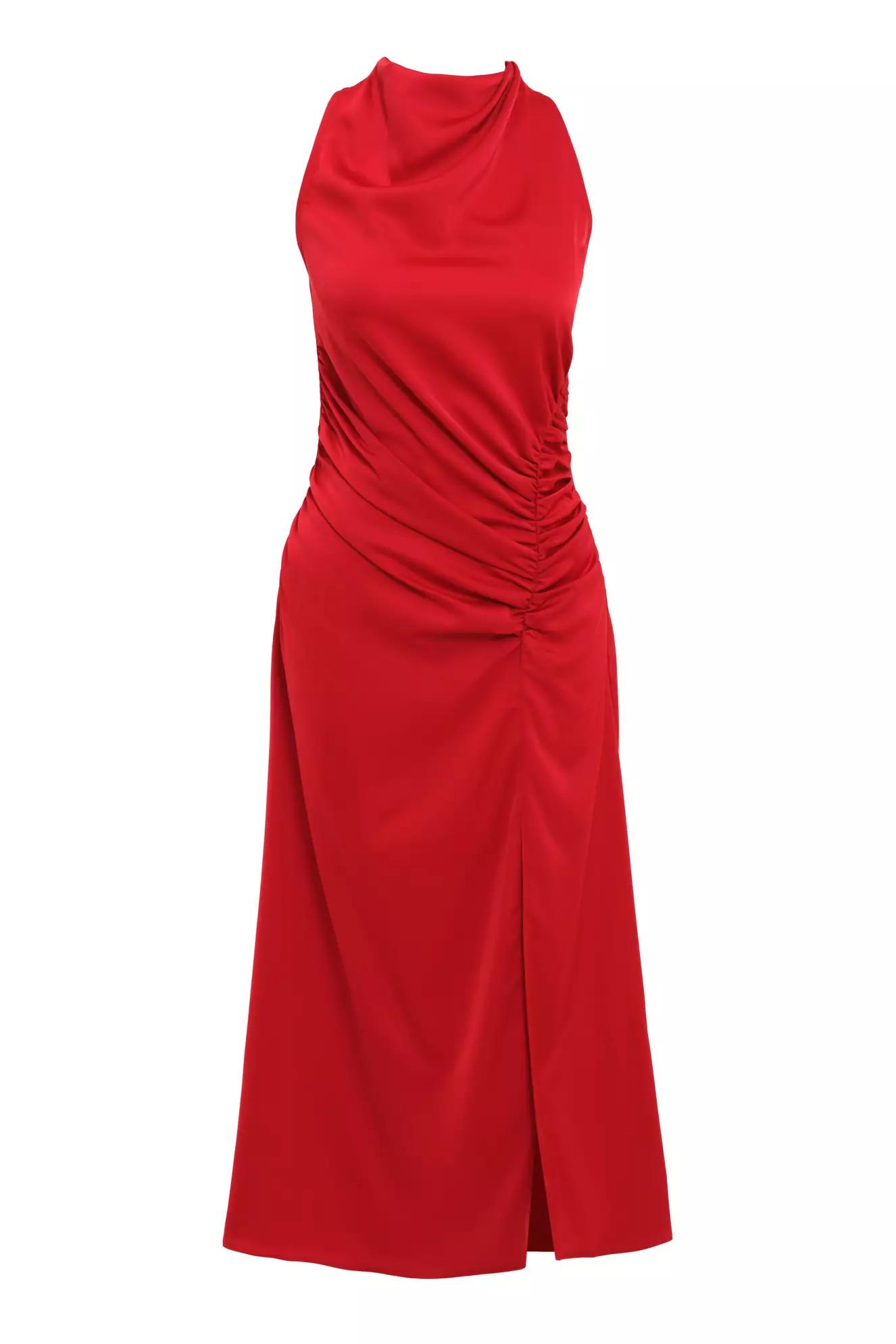 Red satin sleeveless midi dress