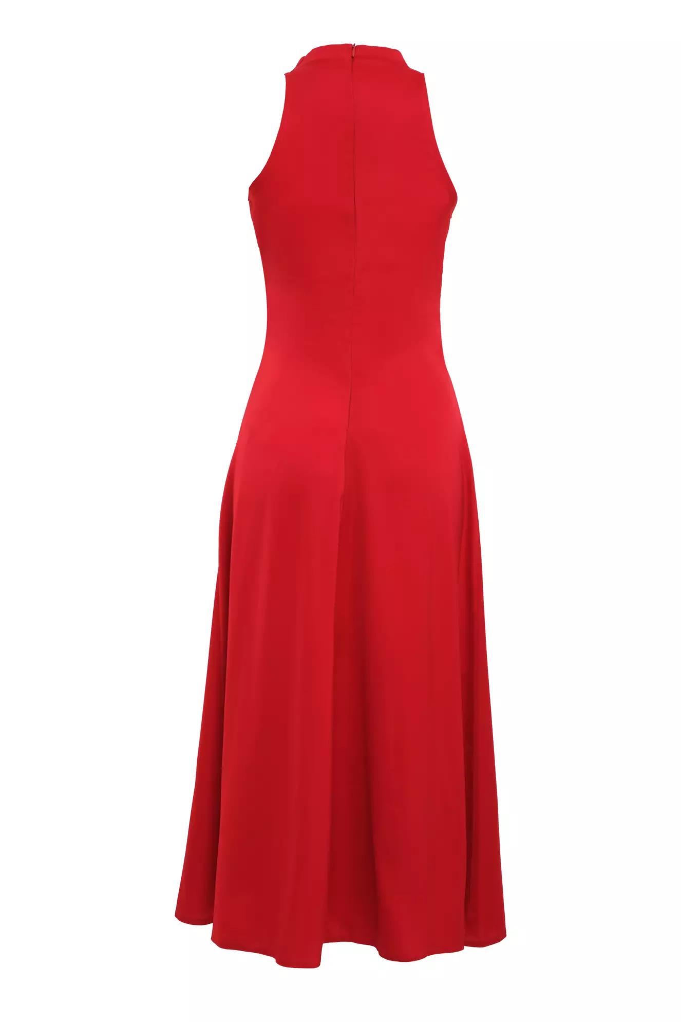 Red satin sleeveless midi dress