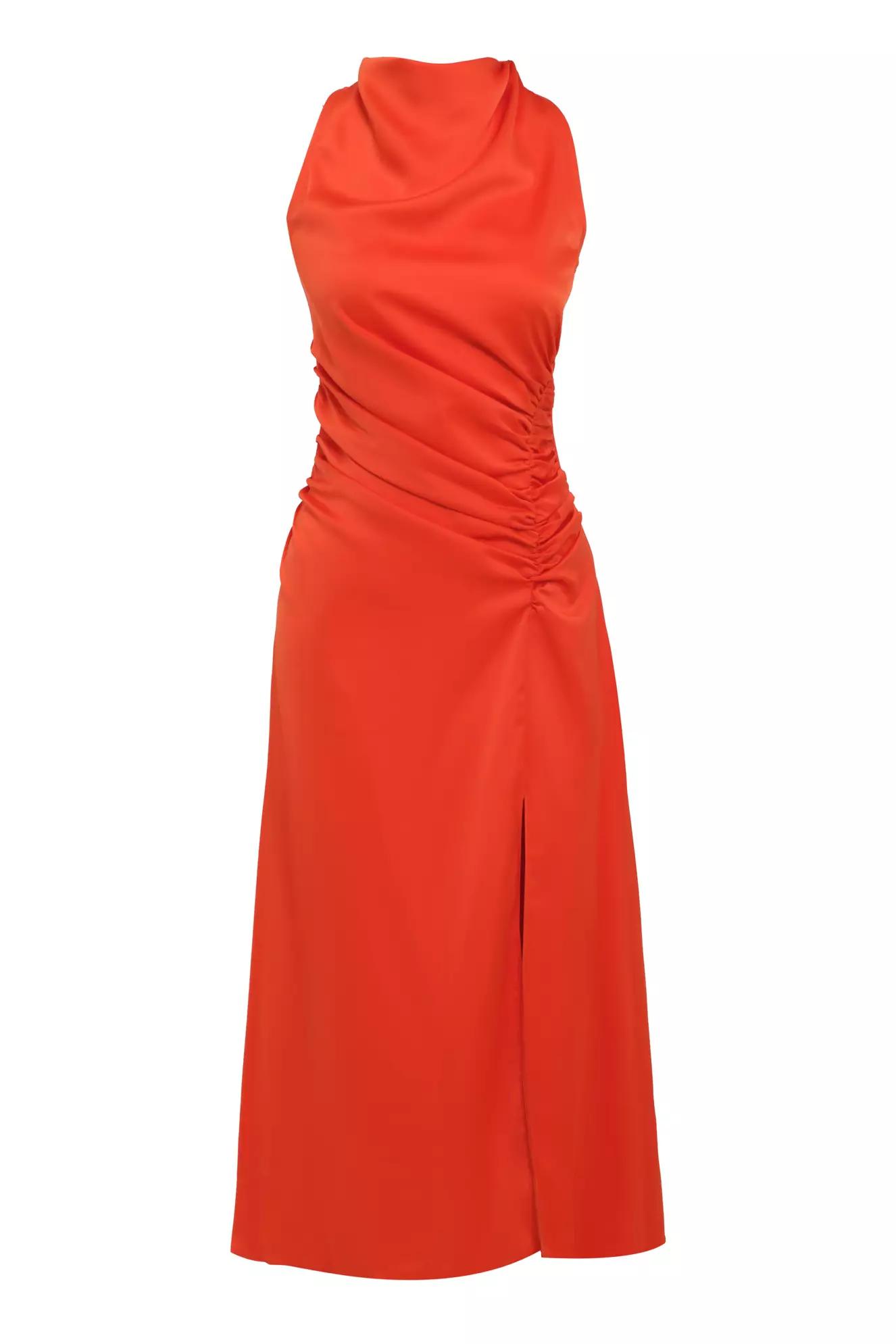 Orange satin sleeveless midi dress