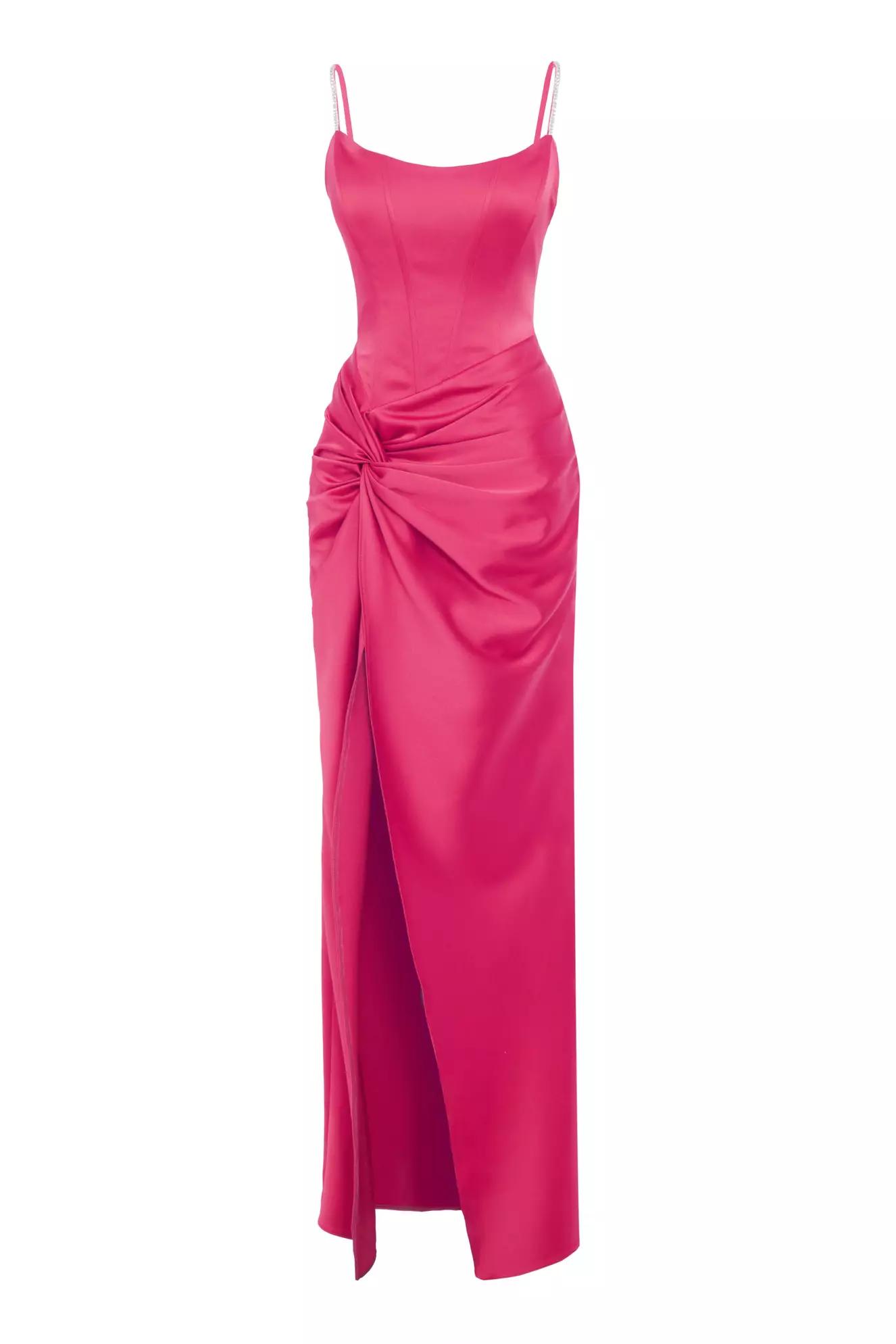 Fuchsia satin sleeveless long dress