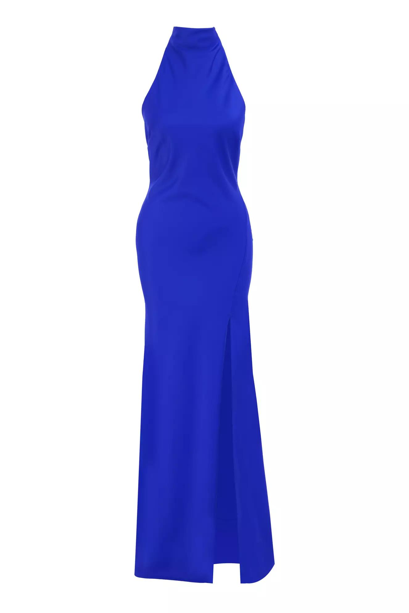 Blue satin sleeveless long dress