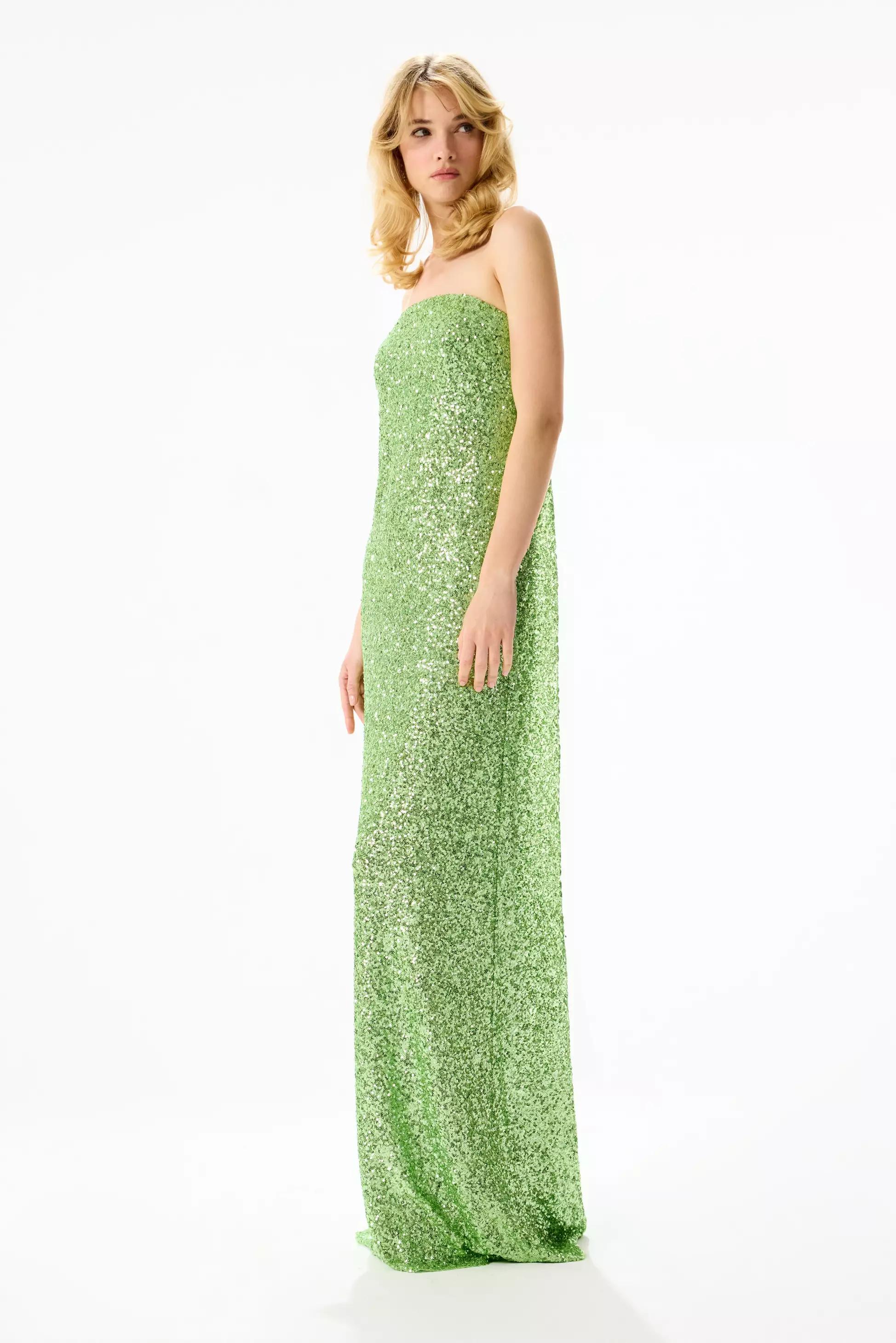 Green sequin strapless long dress