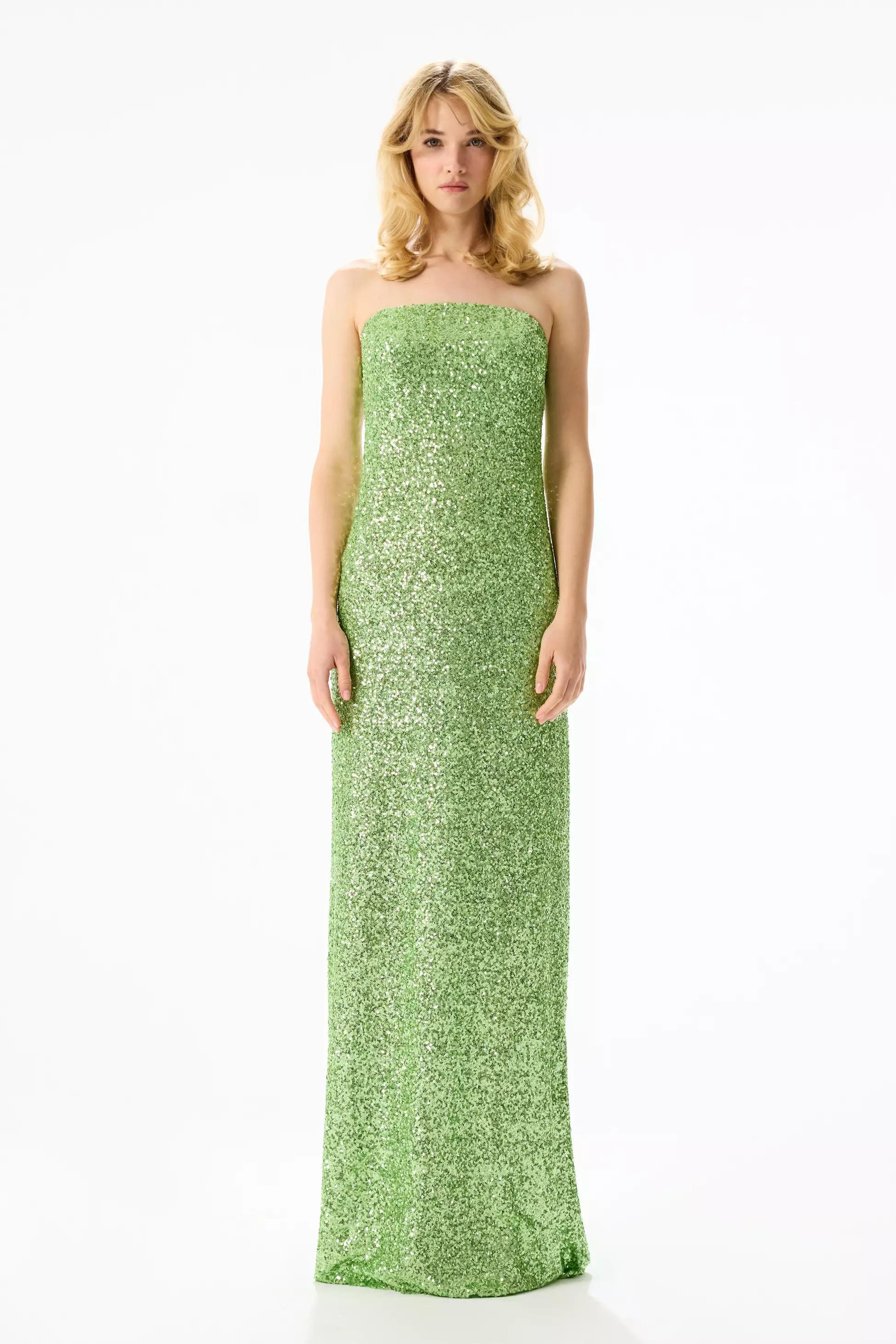 Green sequin strapless long dress