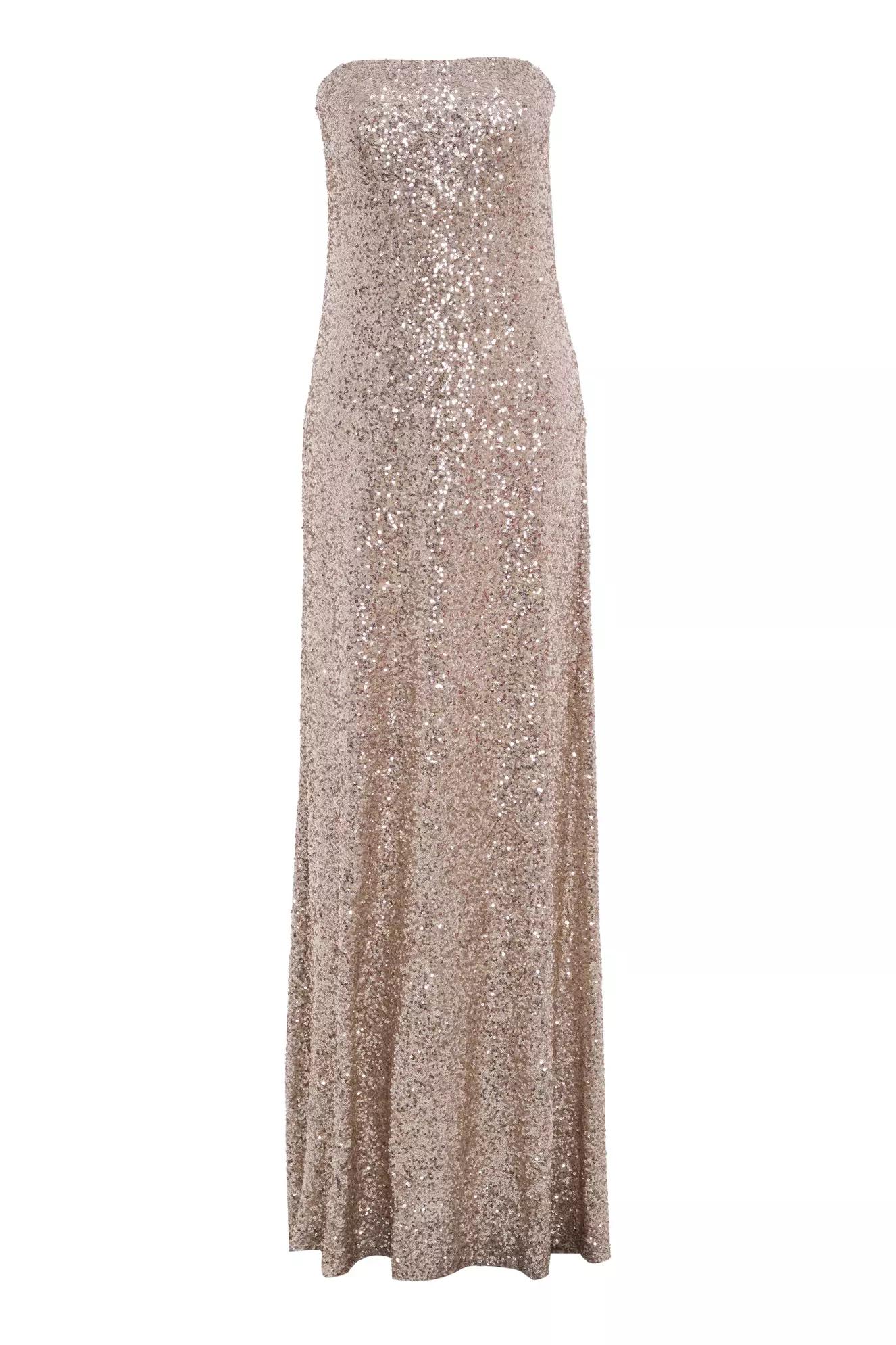 Beige sequin strapless long dress