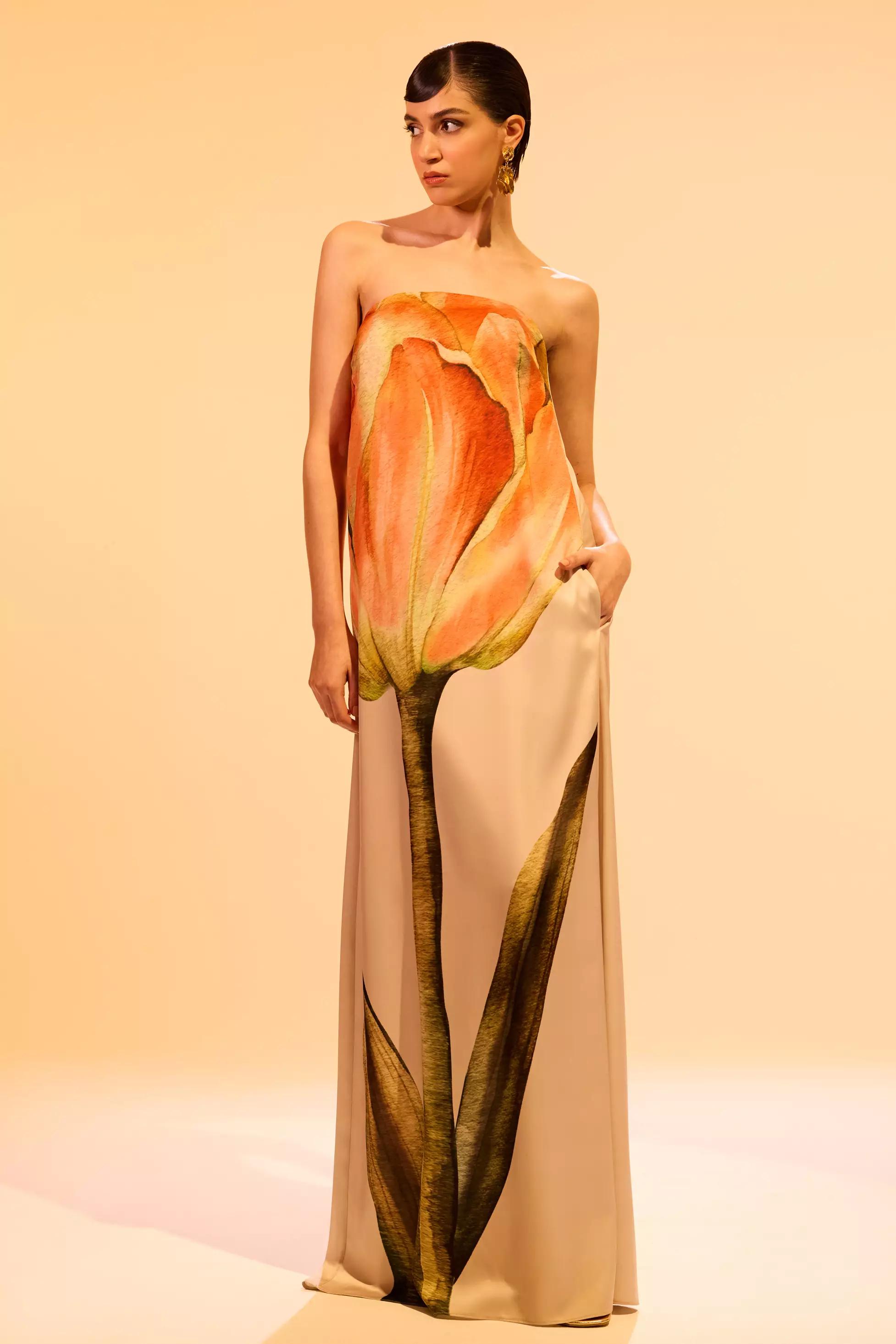 Beige satin strapless long dress