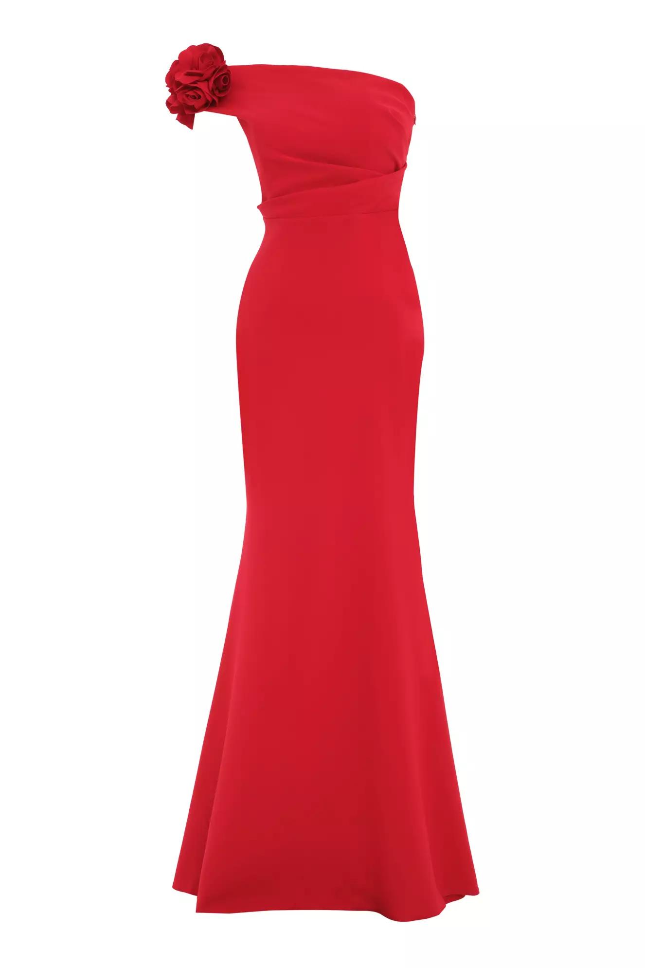 Red crepe one arm long dress