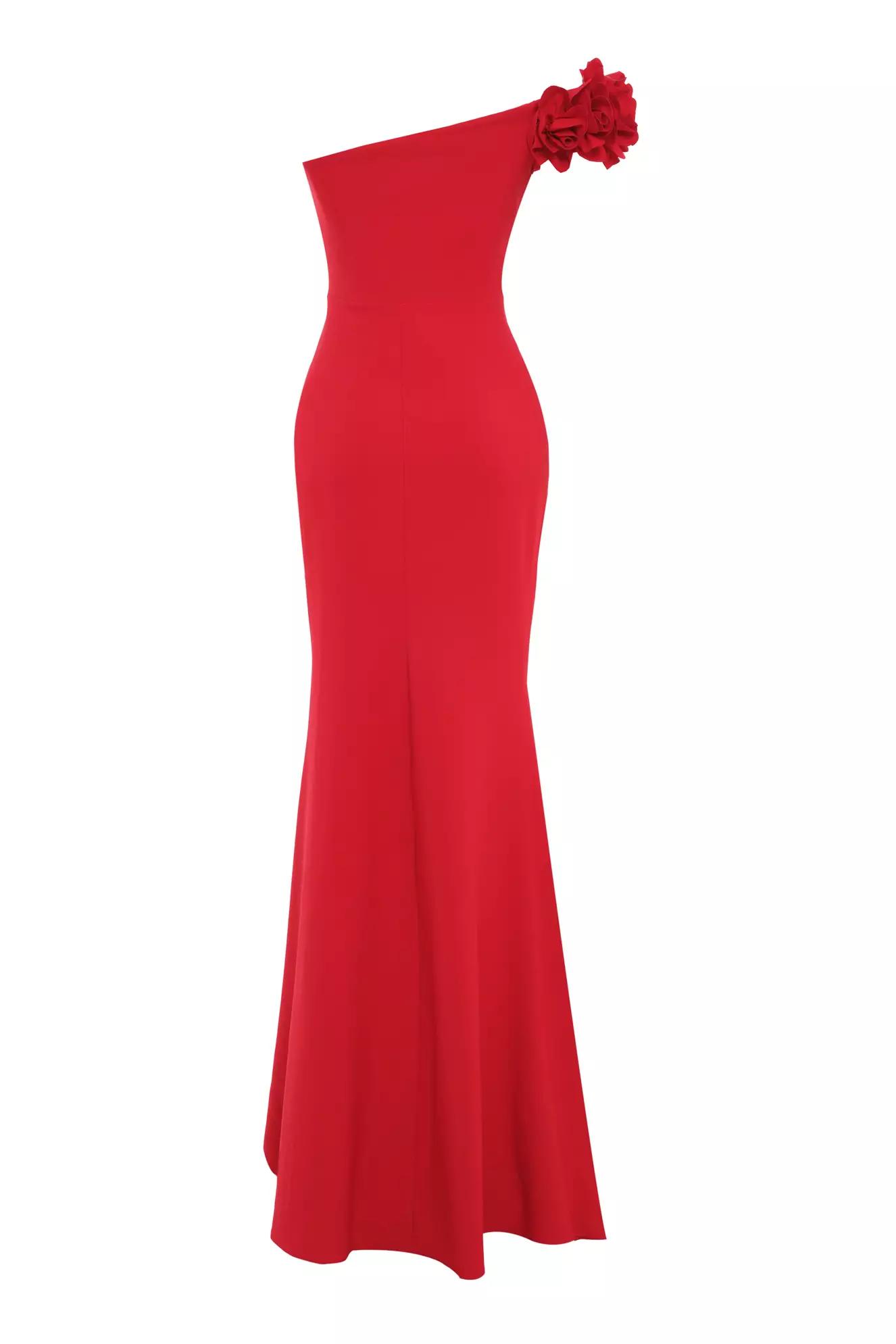 Red crepe one arm long dress