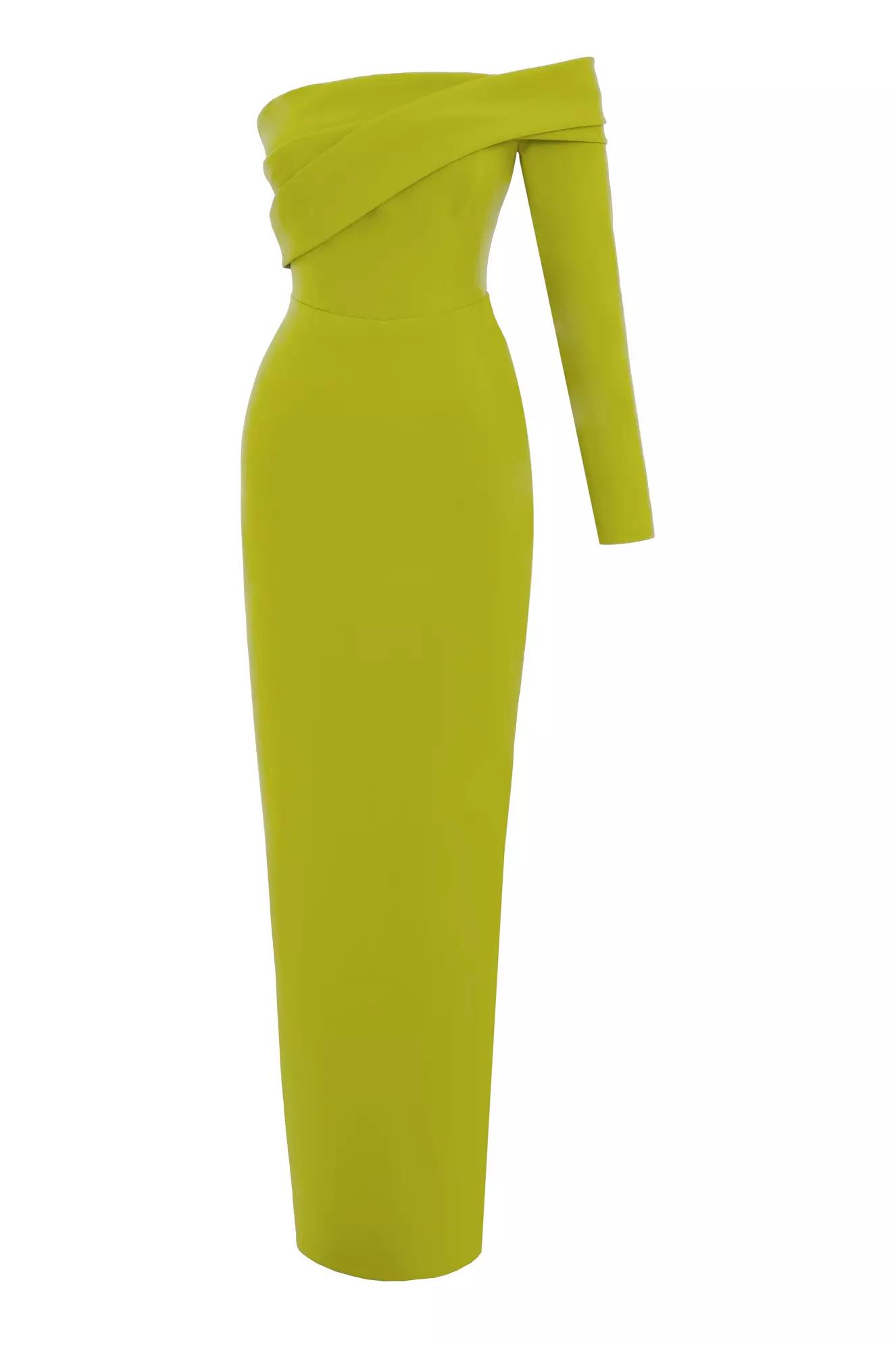 Pistachio green crepe one arm long dress