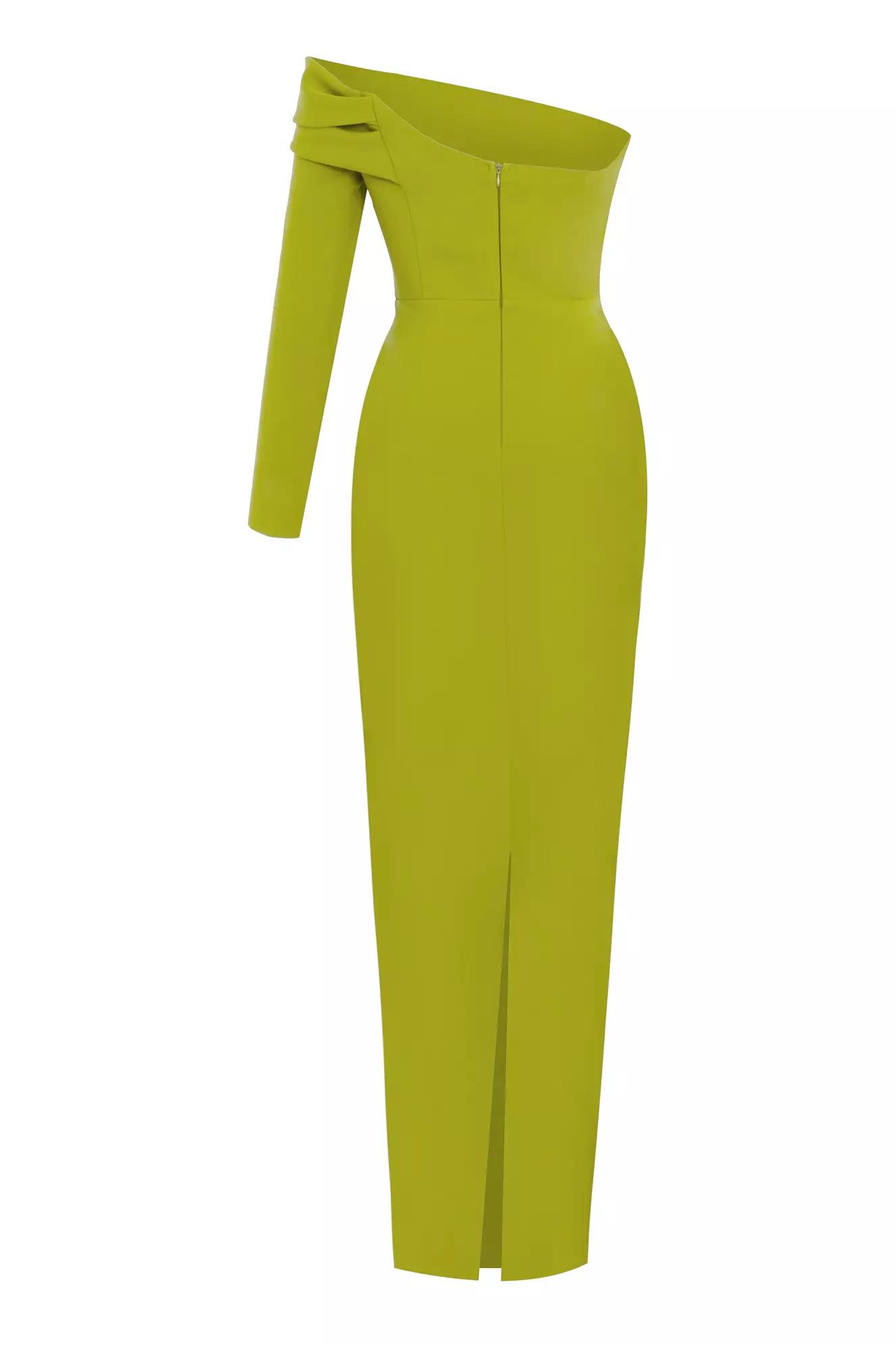 Pistachio green crepe one arm long dress