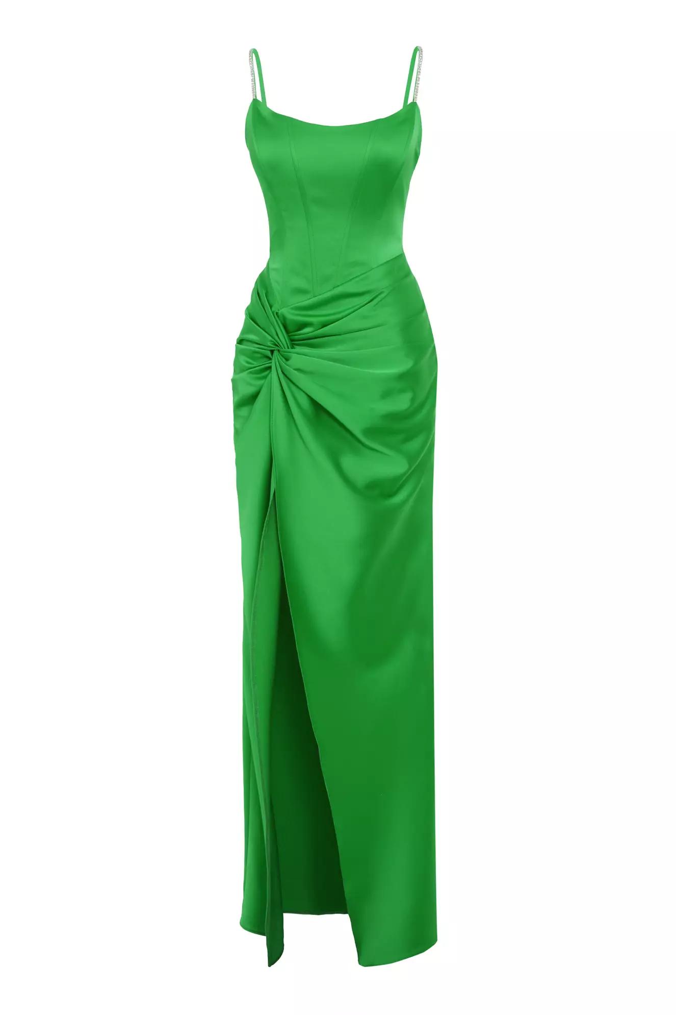 Green satin sleeveless long dress