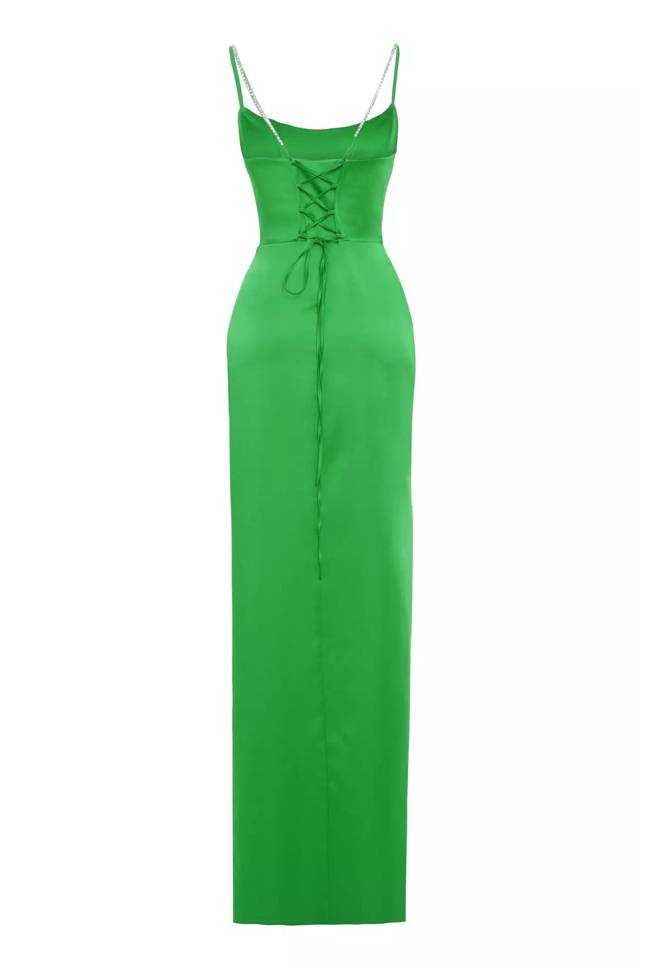 Green satin sleeveless long dress