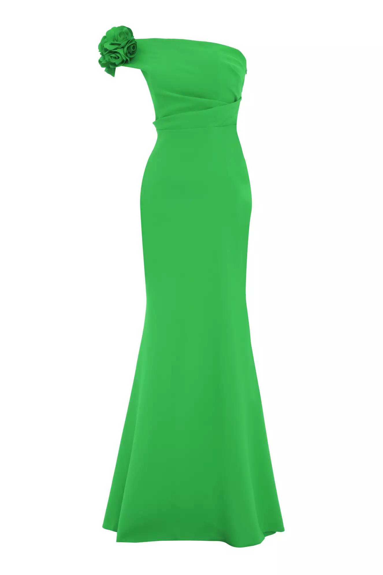 Green crepe one arm long dress