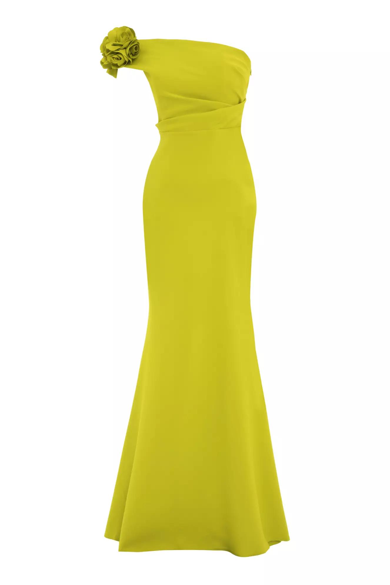 Pistachio green crepe one arm long dress