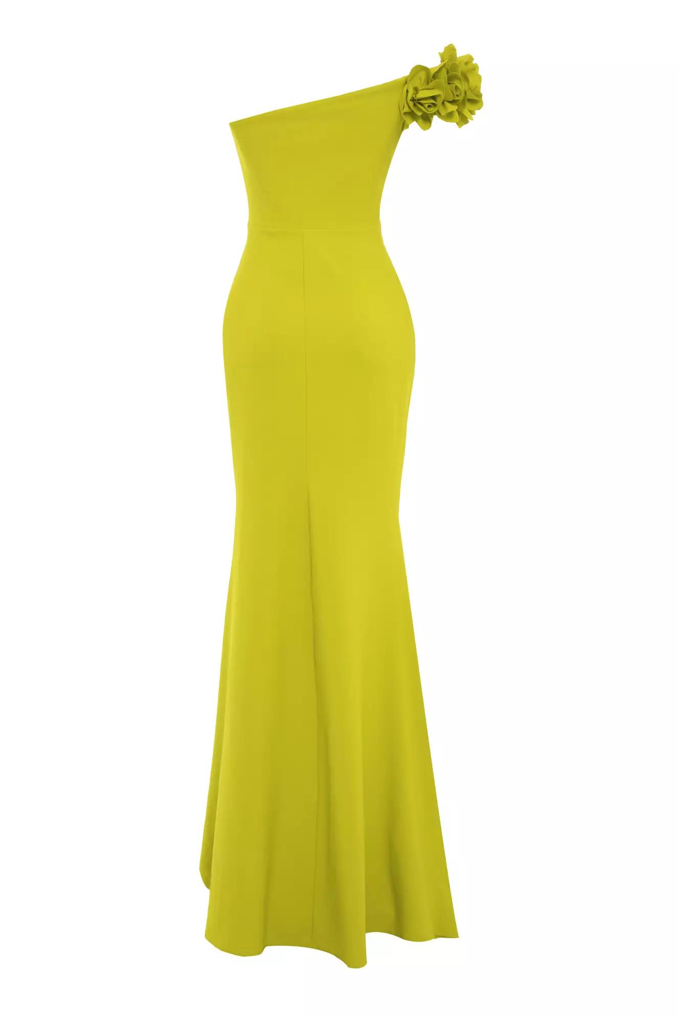 Pistachio green crepe one arm long dress