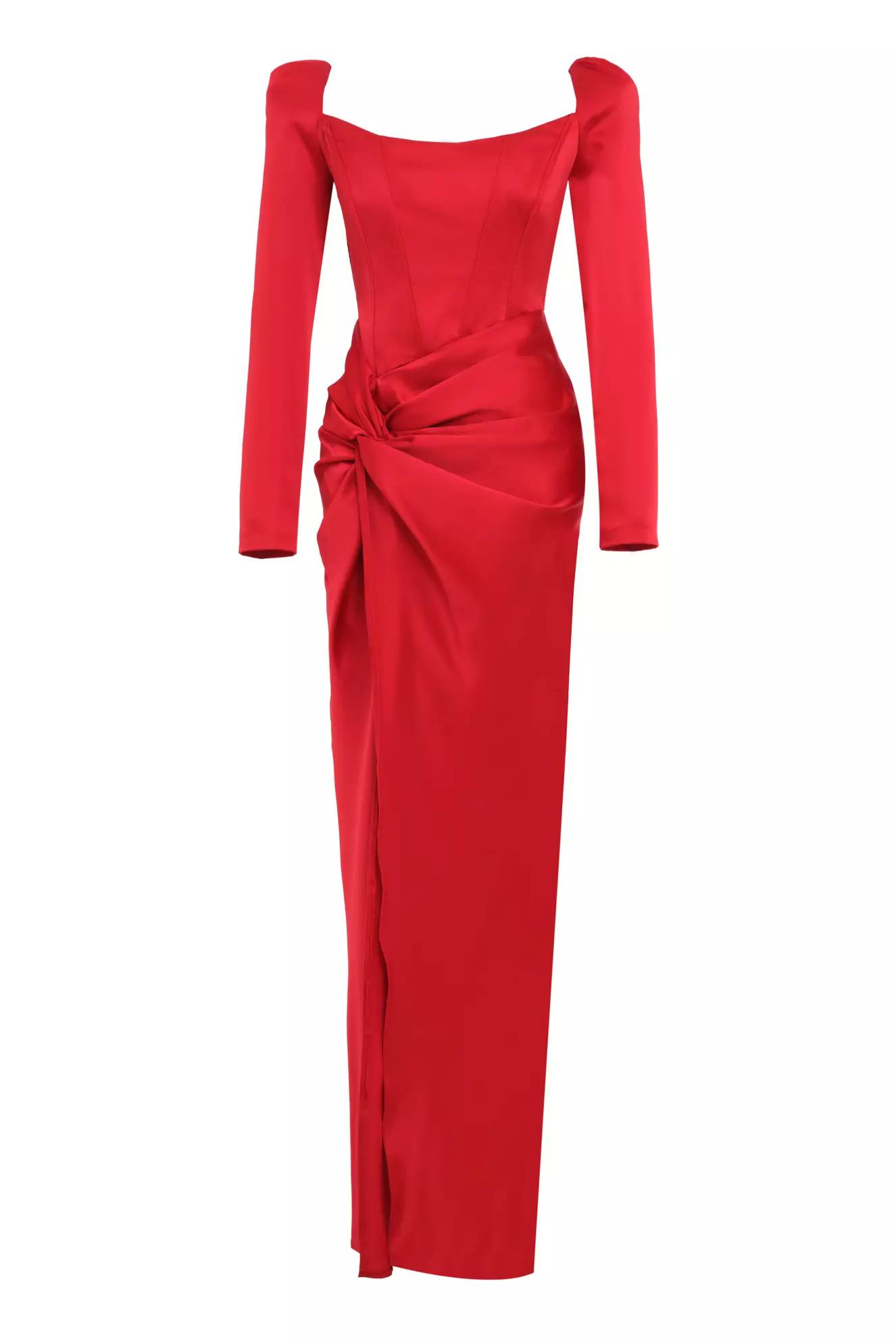 Red satin long sleeve long dress