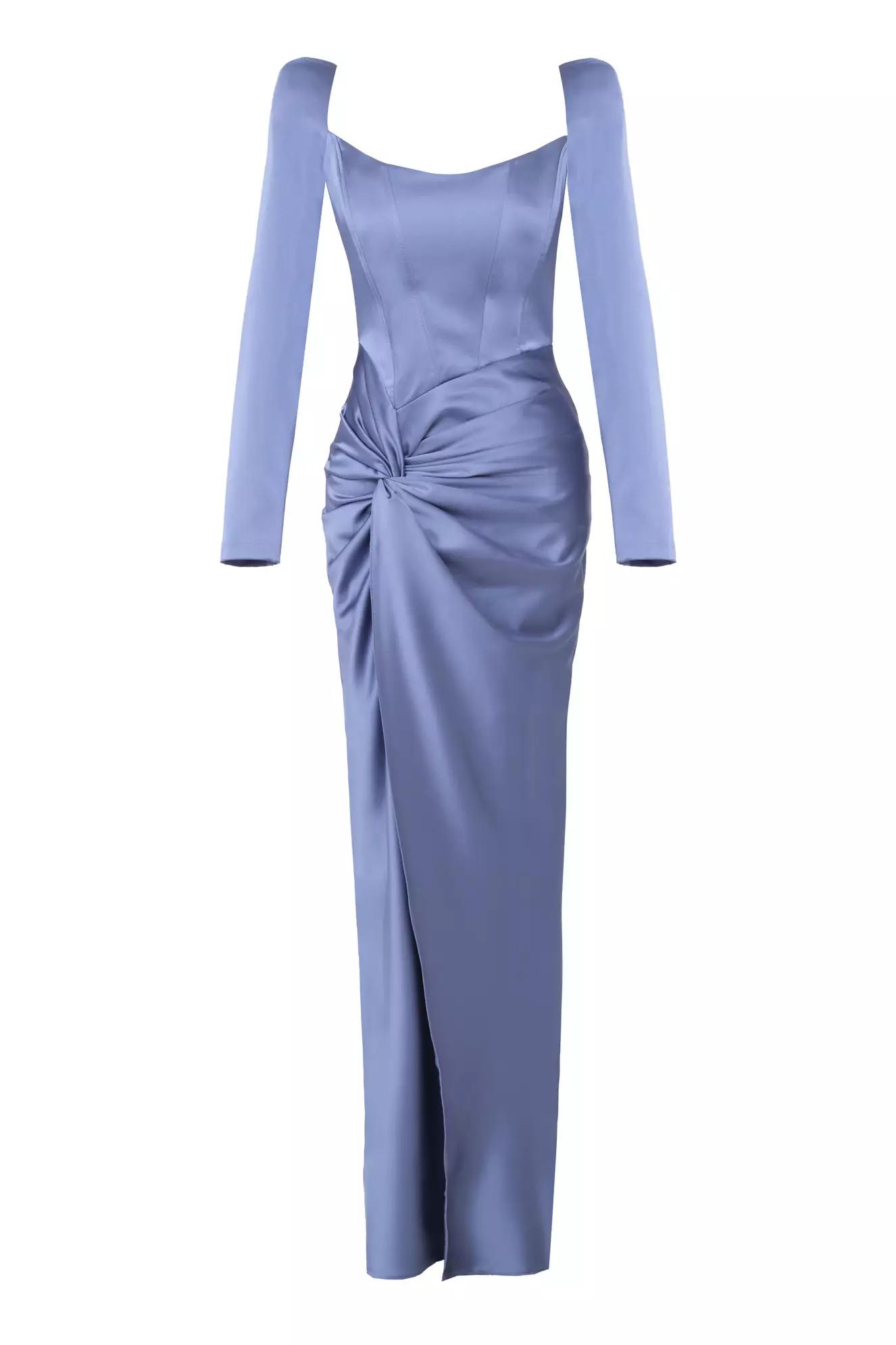 Indigo satin long sleeve long dress