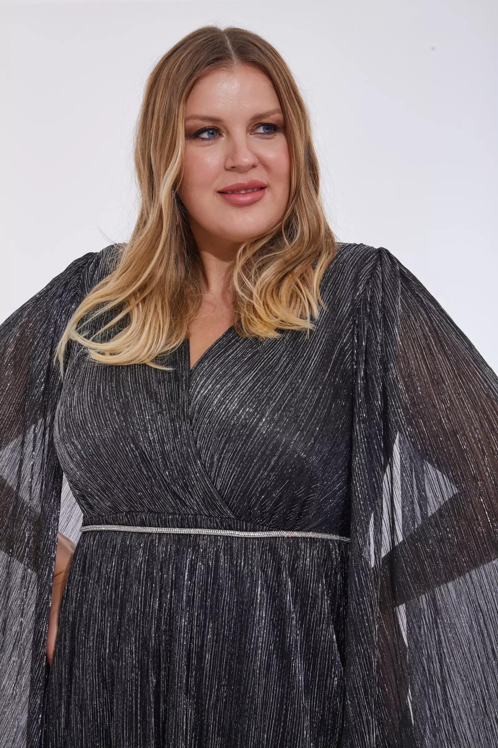 Siyah gümüş plus size moonlight long sleeve mini dress