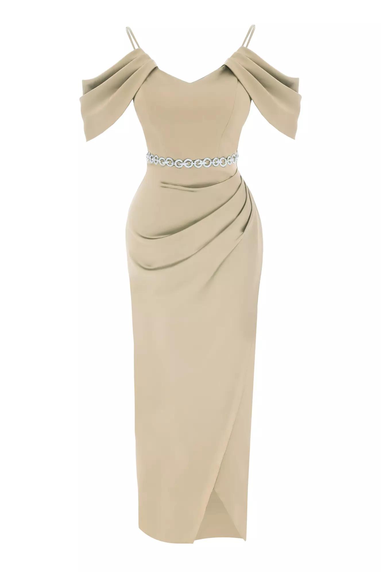 Beige satin sleeveless maxi dress