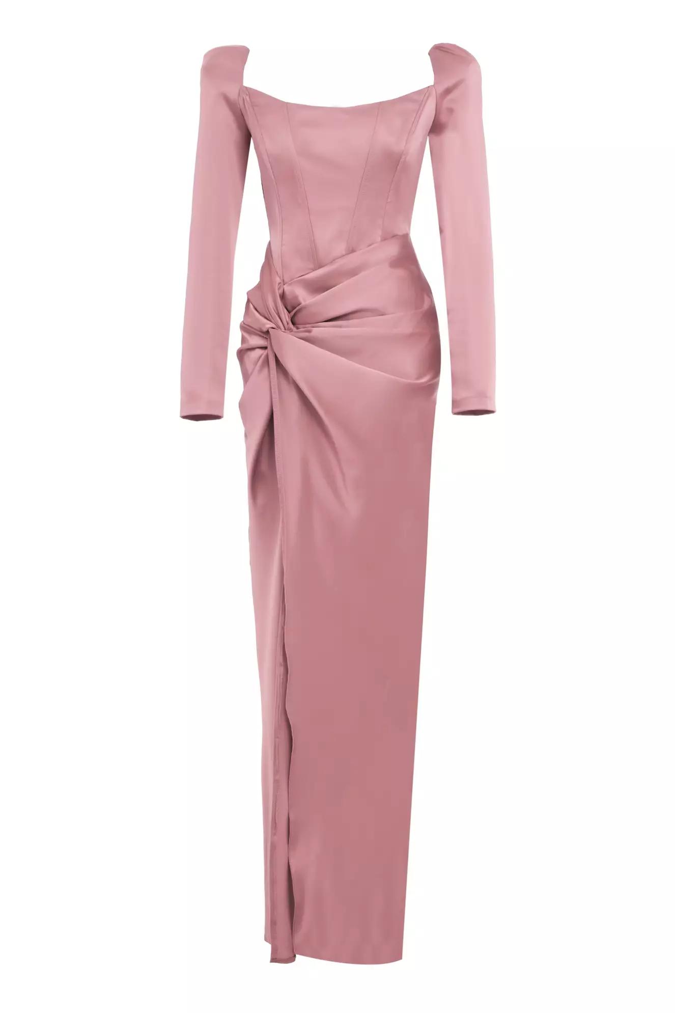 Blush satin long sleeve long dress