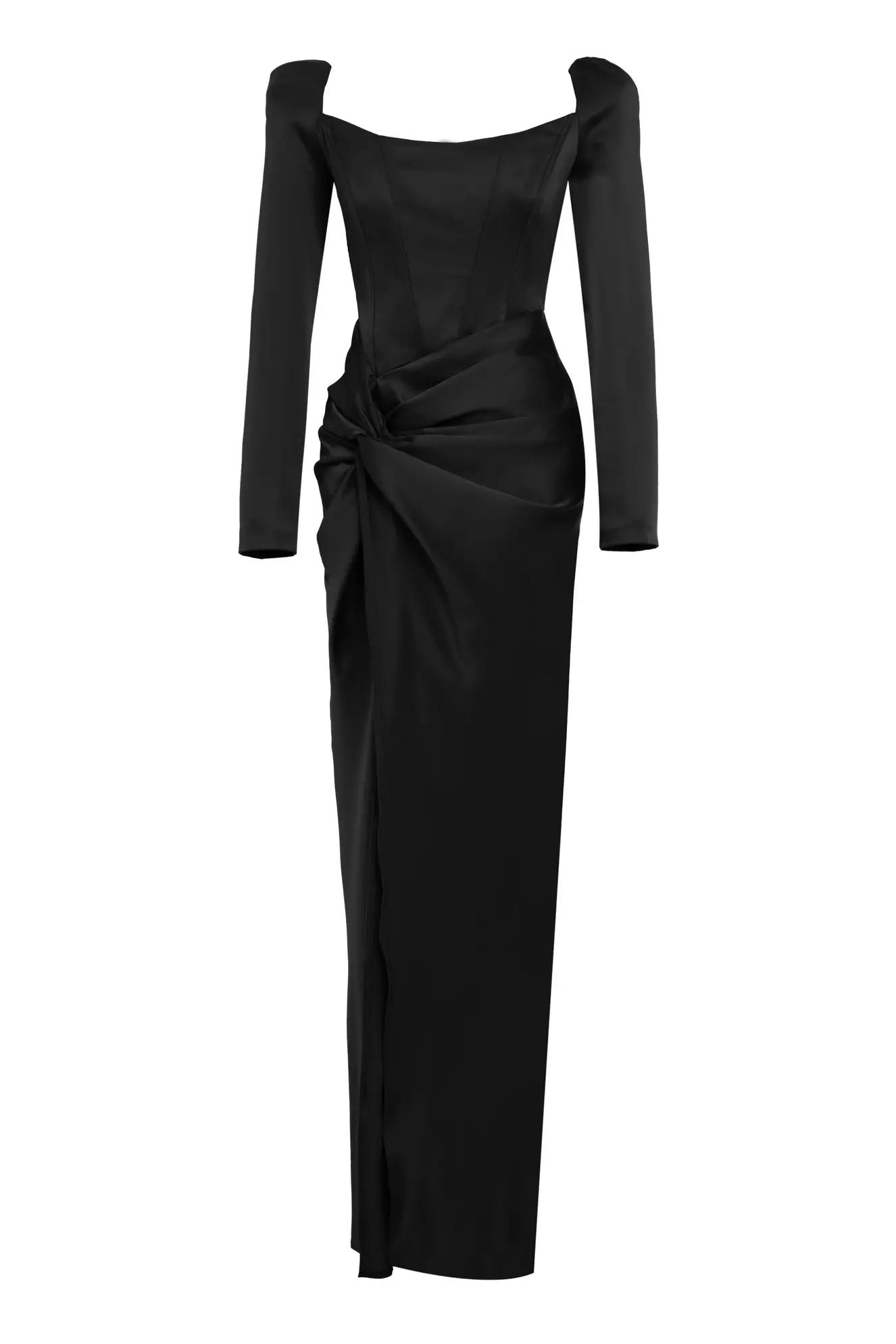 Black satin long sleeve long dress