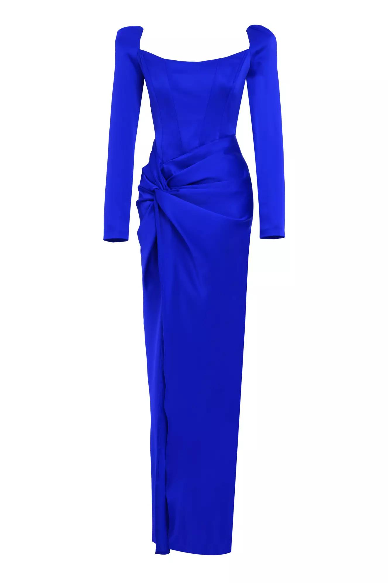 Blue satin long sleeve long dress