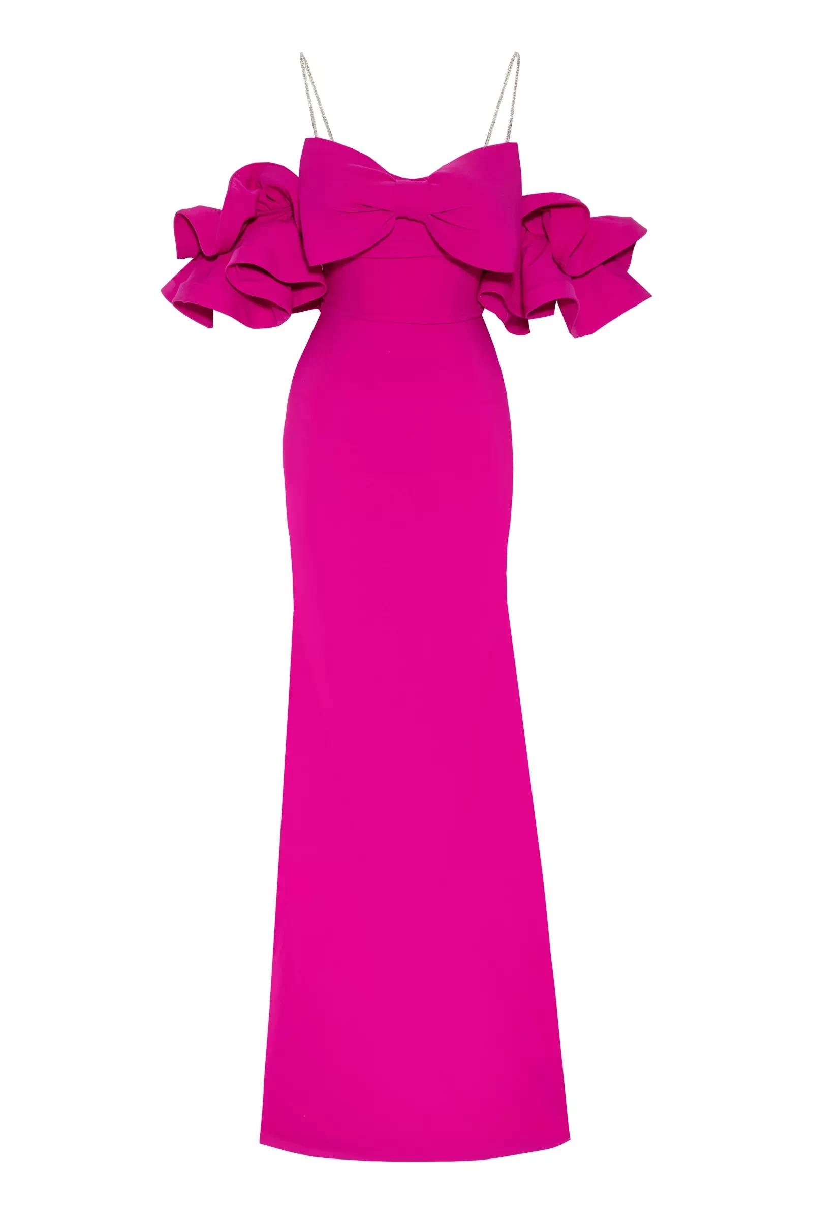 Fuchsia crepe short sleeve maxi dress