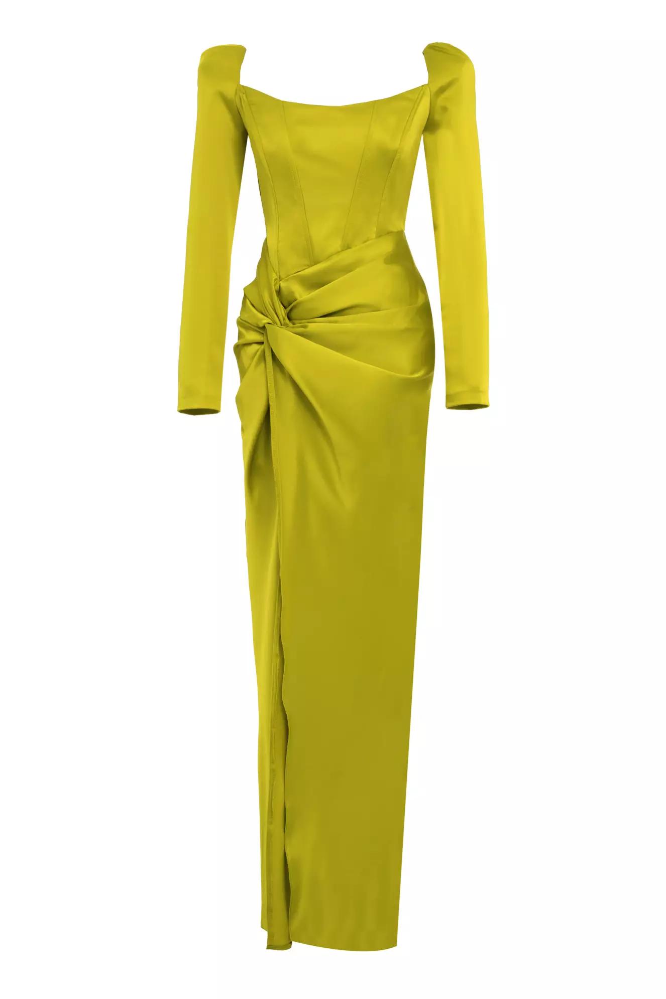 Pistachio green satin long sleeve long dress