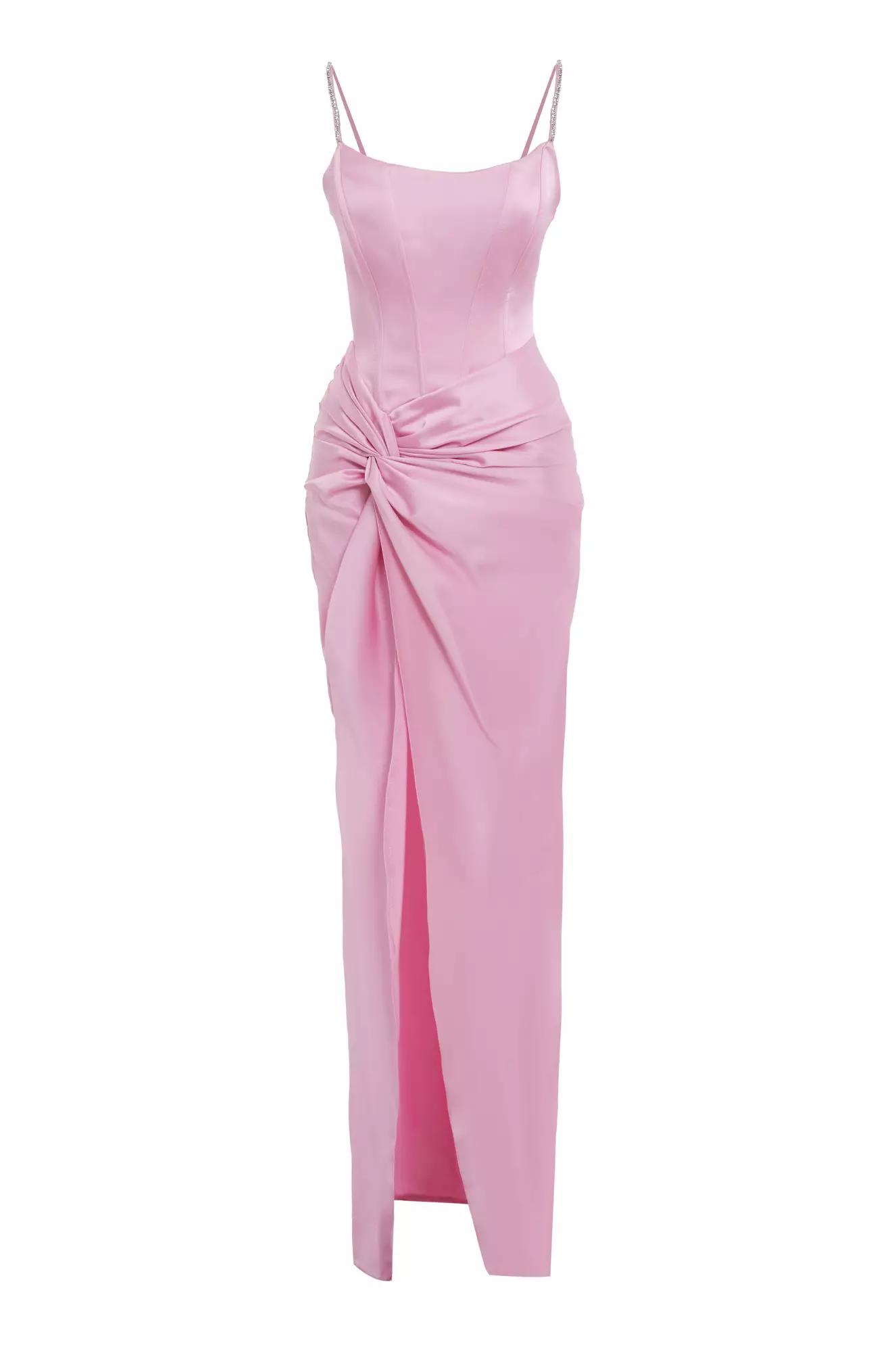 Pink satin sleeveless long dress