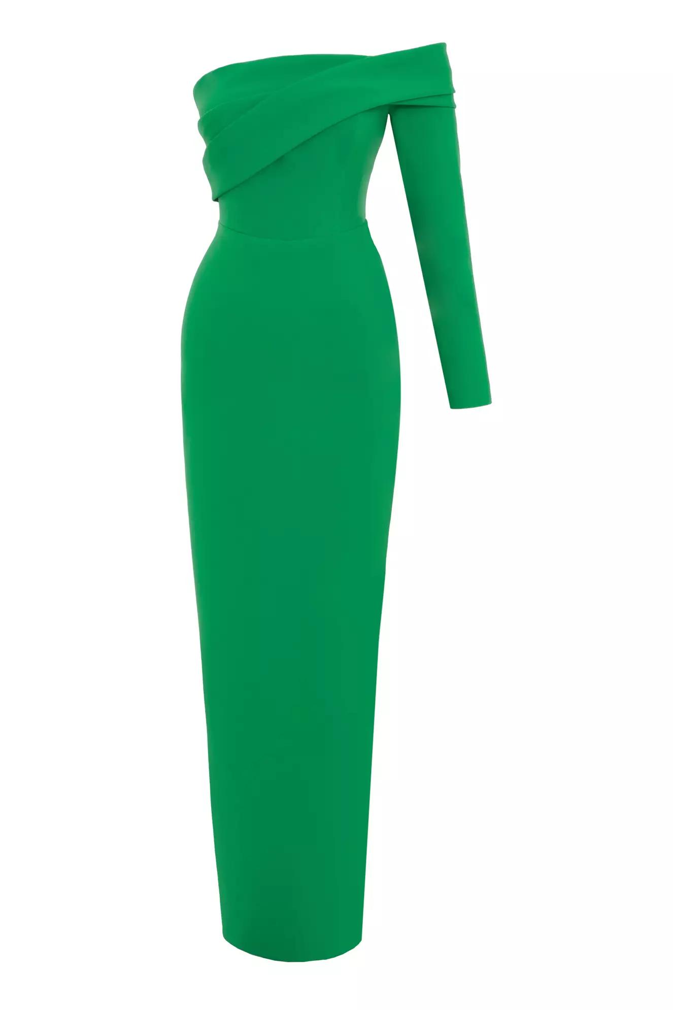 Green crepe one arm long dress