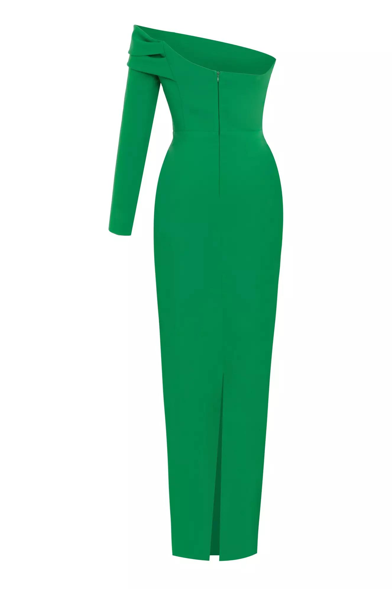 Green crepe one arm long dress