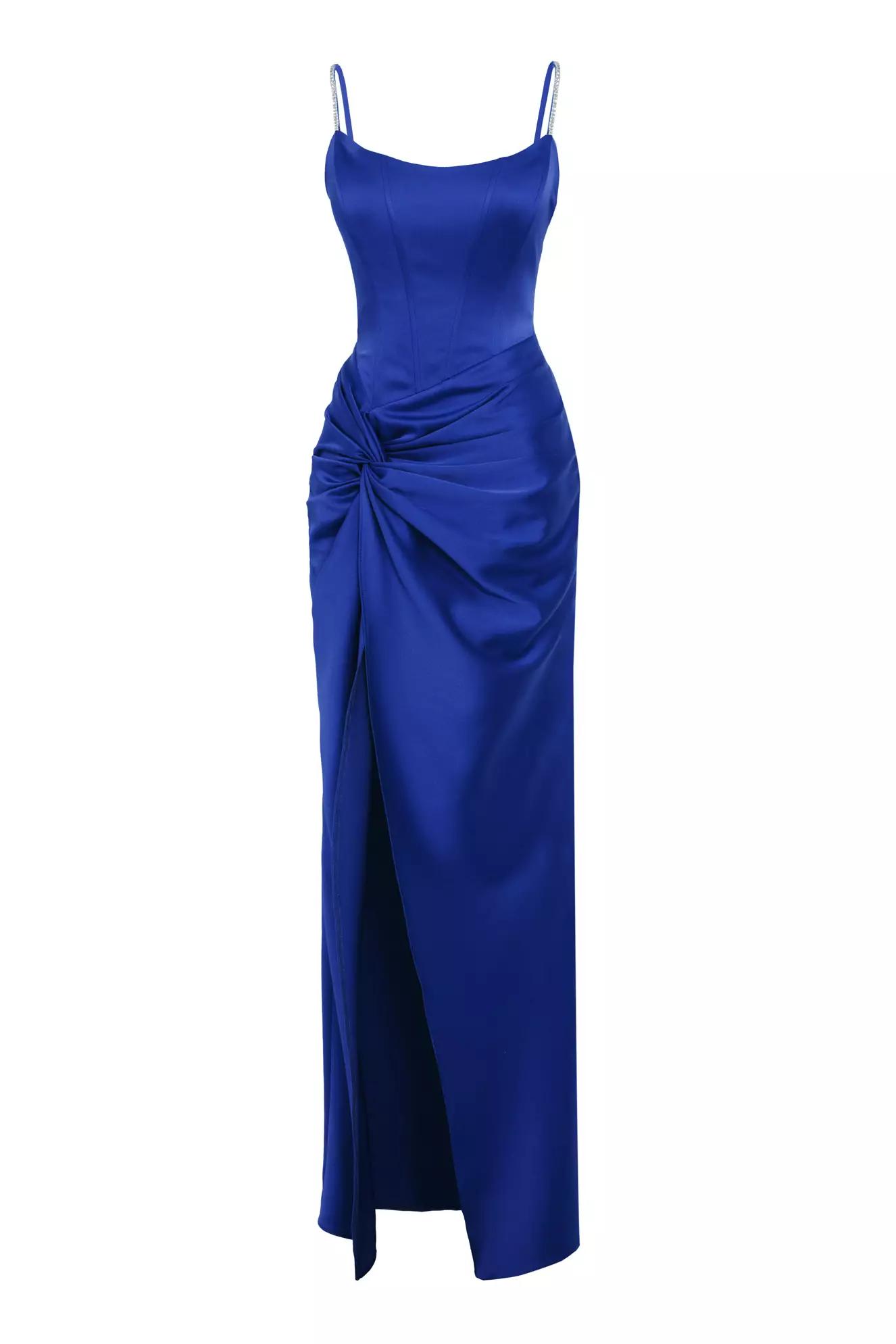 Blue satin sleeveless long dress