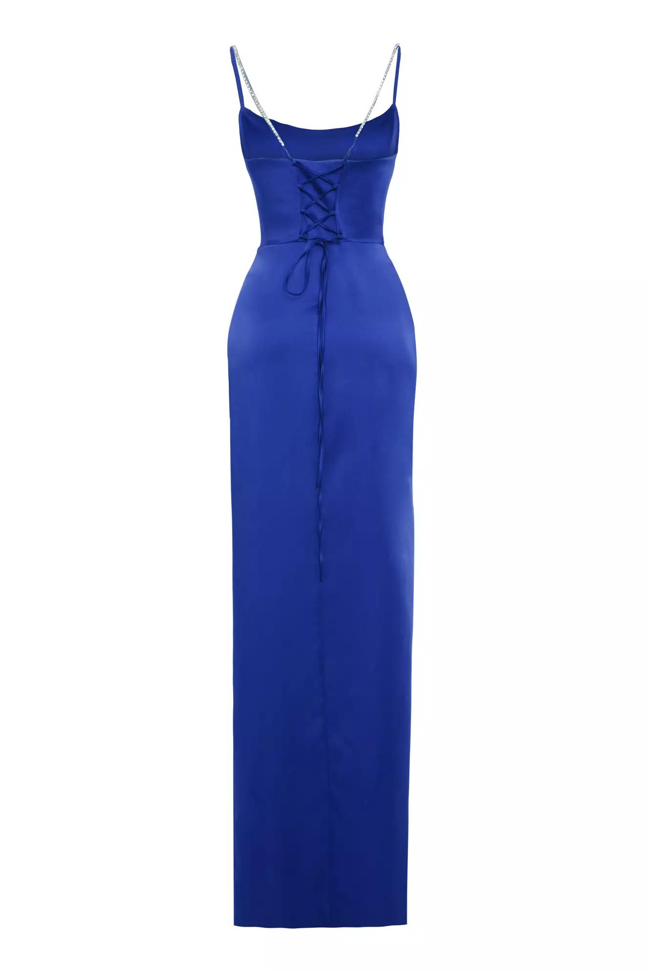 Blue satin sleeveless long dress