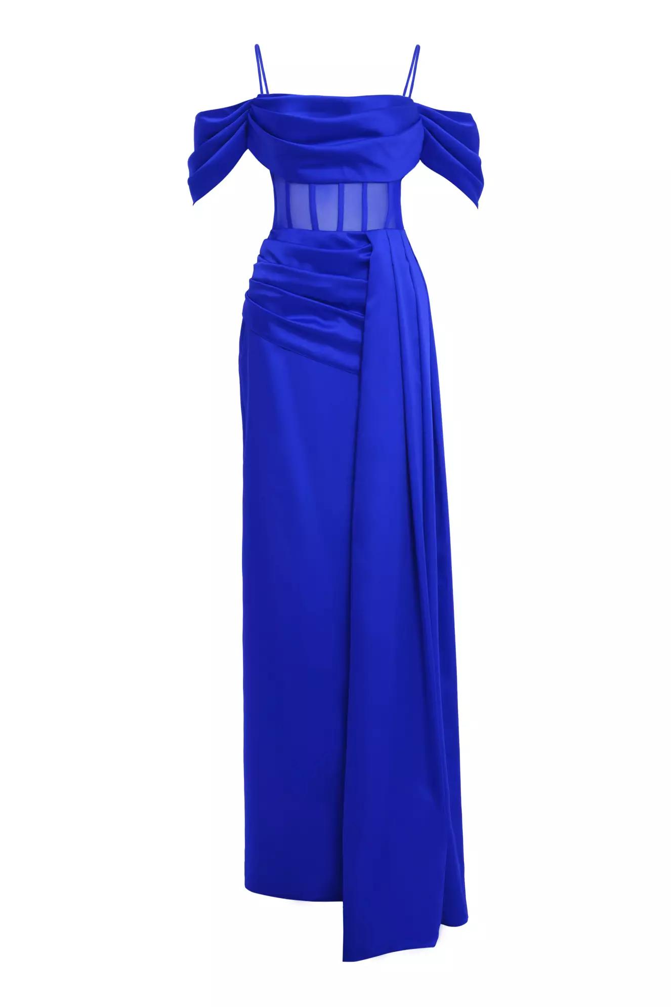 Blue satin sleeveless long dress