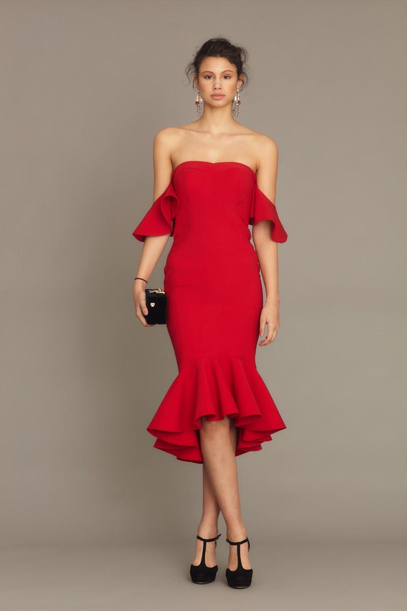 Red Crepe Midi Short Sleeve Dress