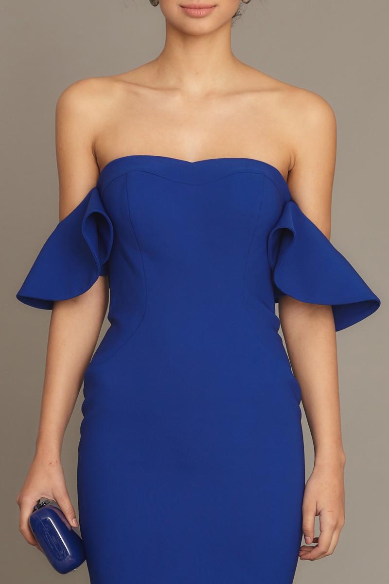 Saxon Blue Crepe Midi Short Sleeve Dress