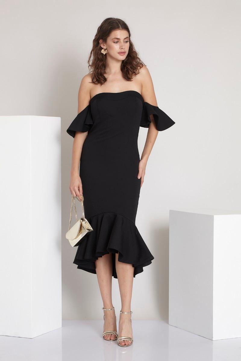 Black Crepe Midi Short Sleeve Dress