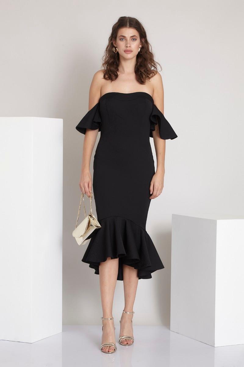 Black Crepe Midi Short Sleeve Dress