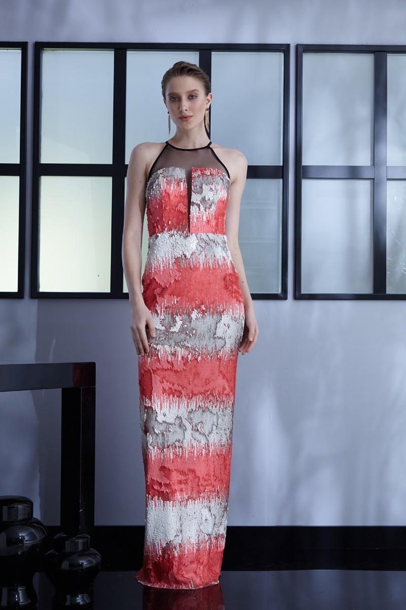 Coral Sequined Maxi Sleeveless Dress