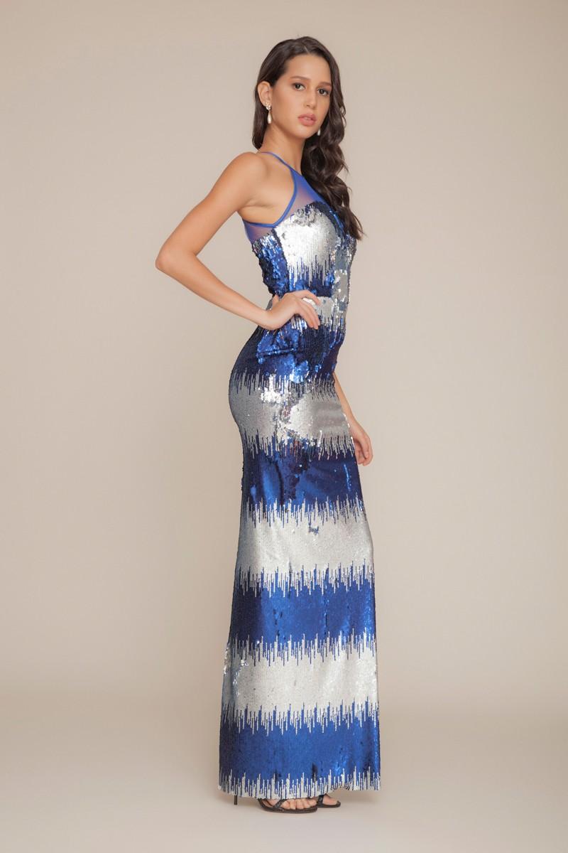 Saxon Blue Sequined Maxi Sleeveless Dress