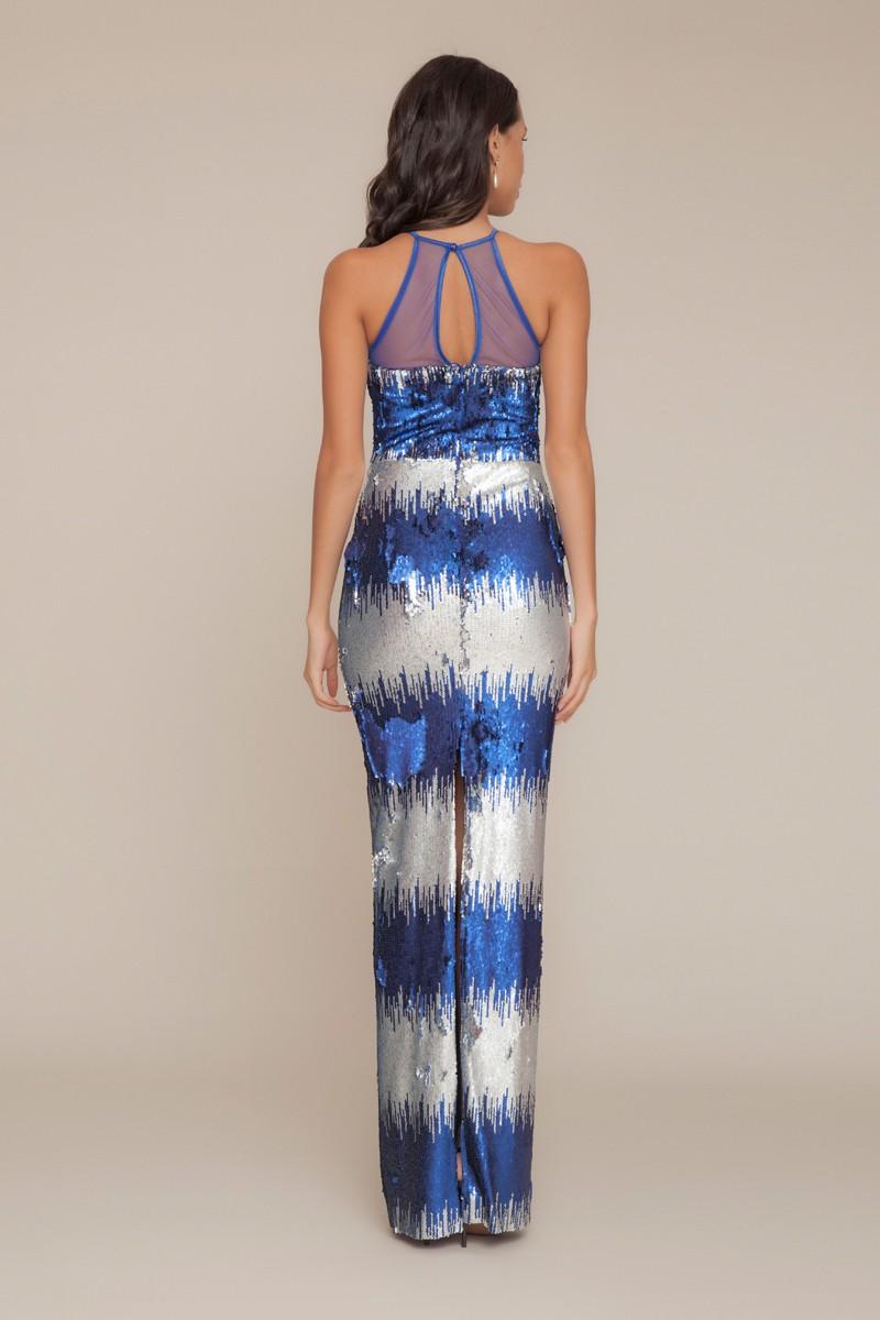 Saxon Blue Sequined Maxi Sleeveless Dress