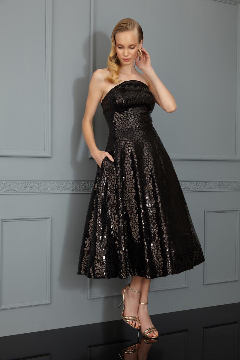 Black Sequined Strapless Midi Dress