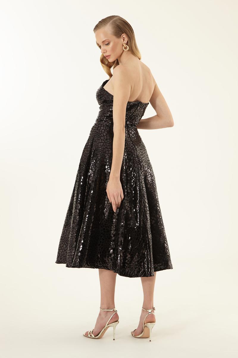 Black Sequined Strapless Midi Dress