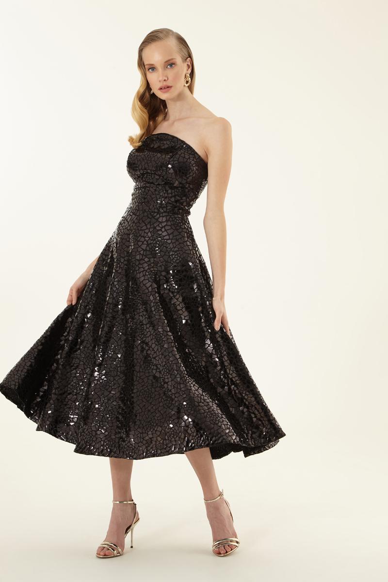 Black Sequined Strapless Midi Dress