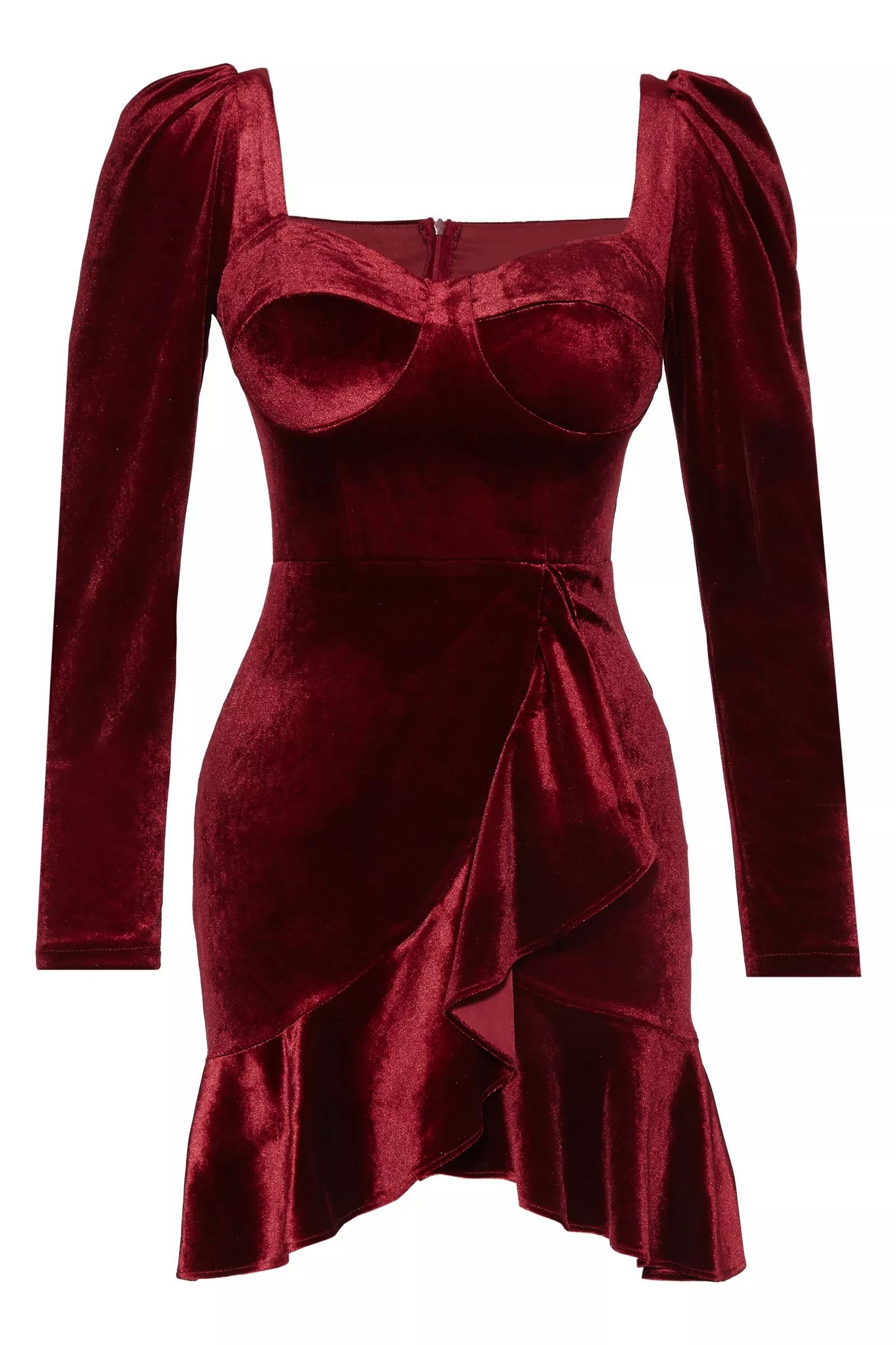 Maroon Velvet Long Sleeve Mini Dress