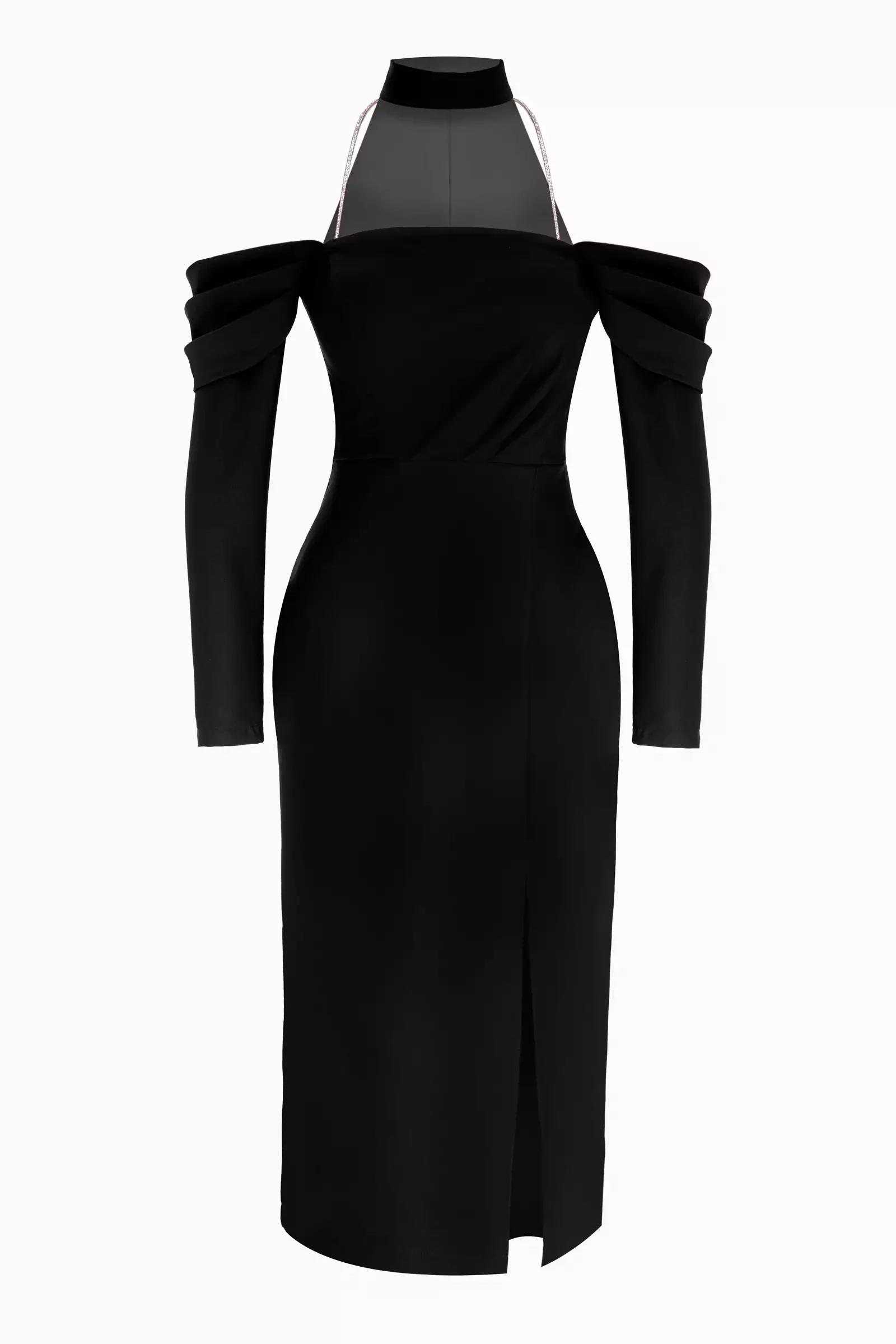 Black Crepe Long Sleeve Midi Dress-965273-001 | Crape Dresses | KeiKei