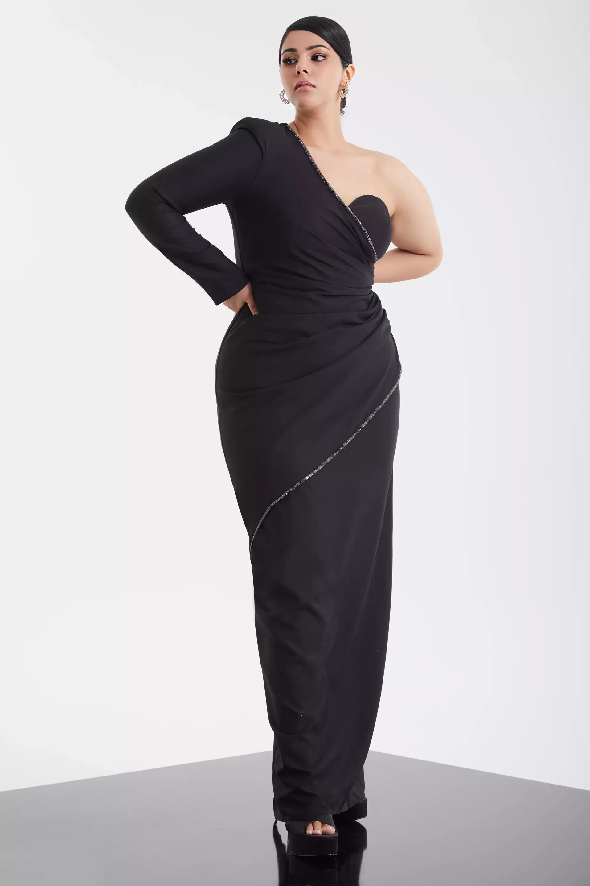 Black plus size crepe one arm maxi dress