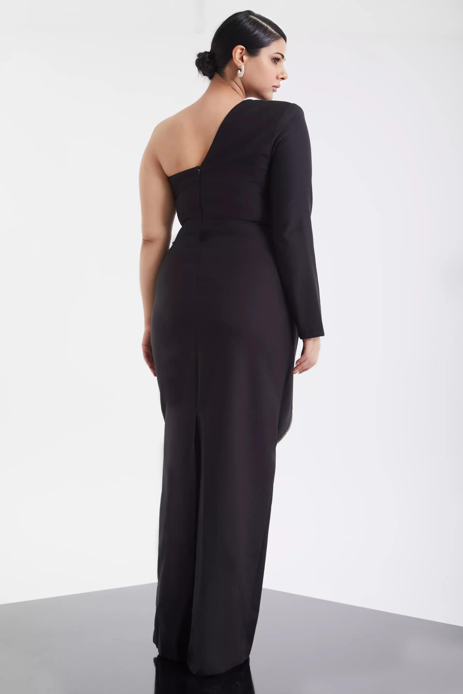 Black plus size crepe one arm maxi dress