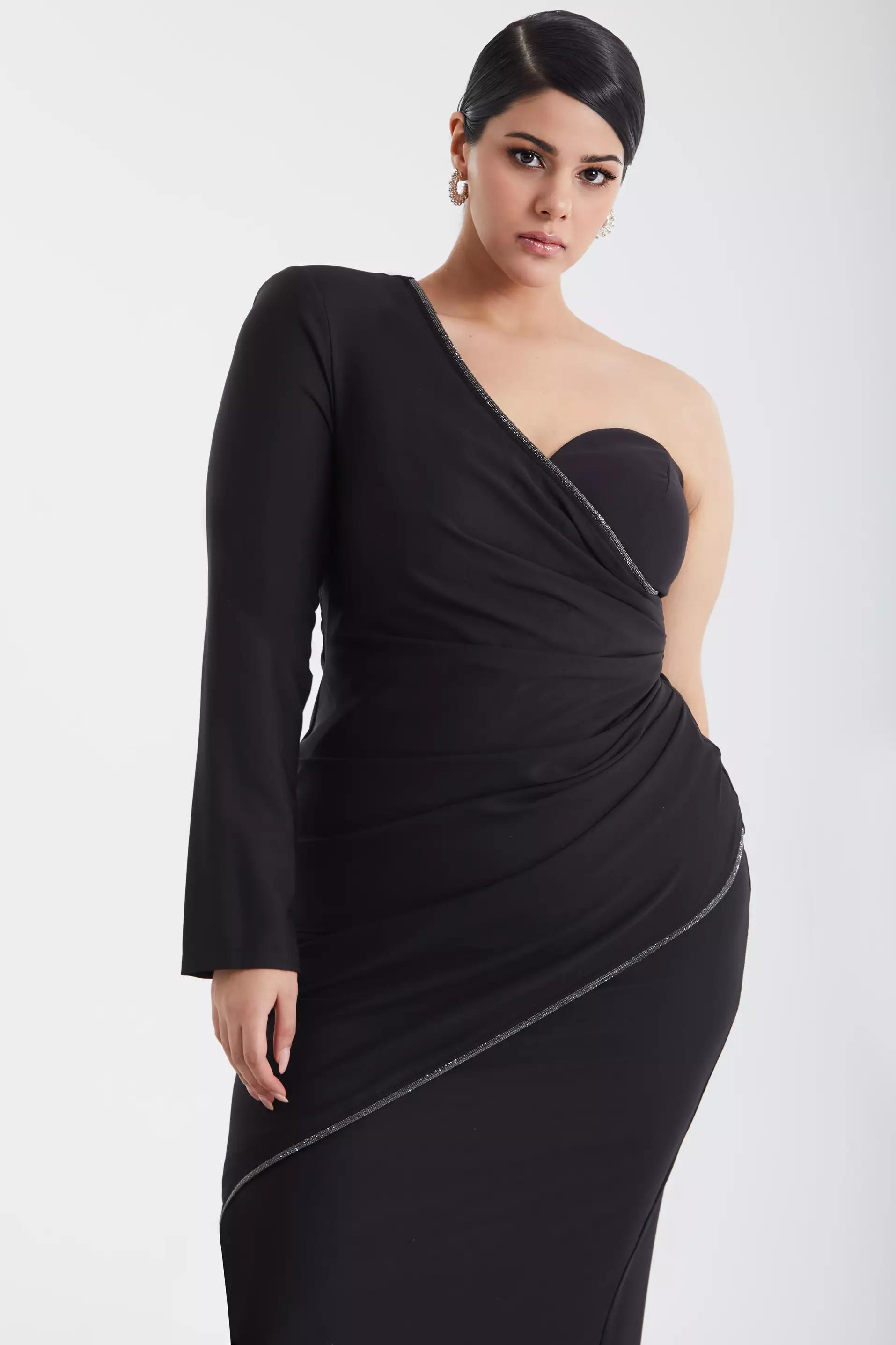 Black plus size crepe one arm maxi dress